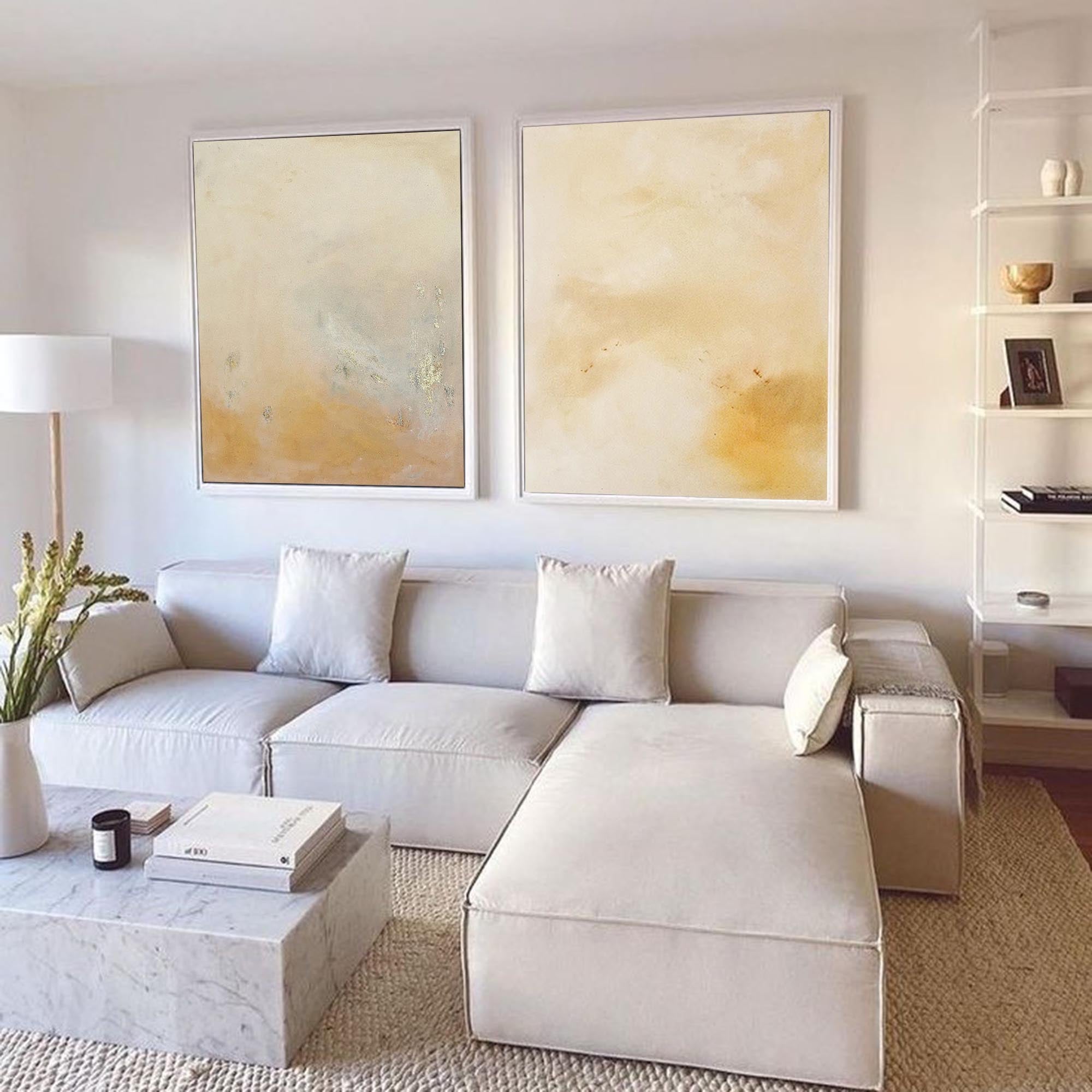 Set of 2 Yellow Minimalist Abstract Oil Paintings Contemporary Canvas Wall Art For Living Room