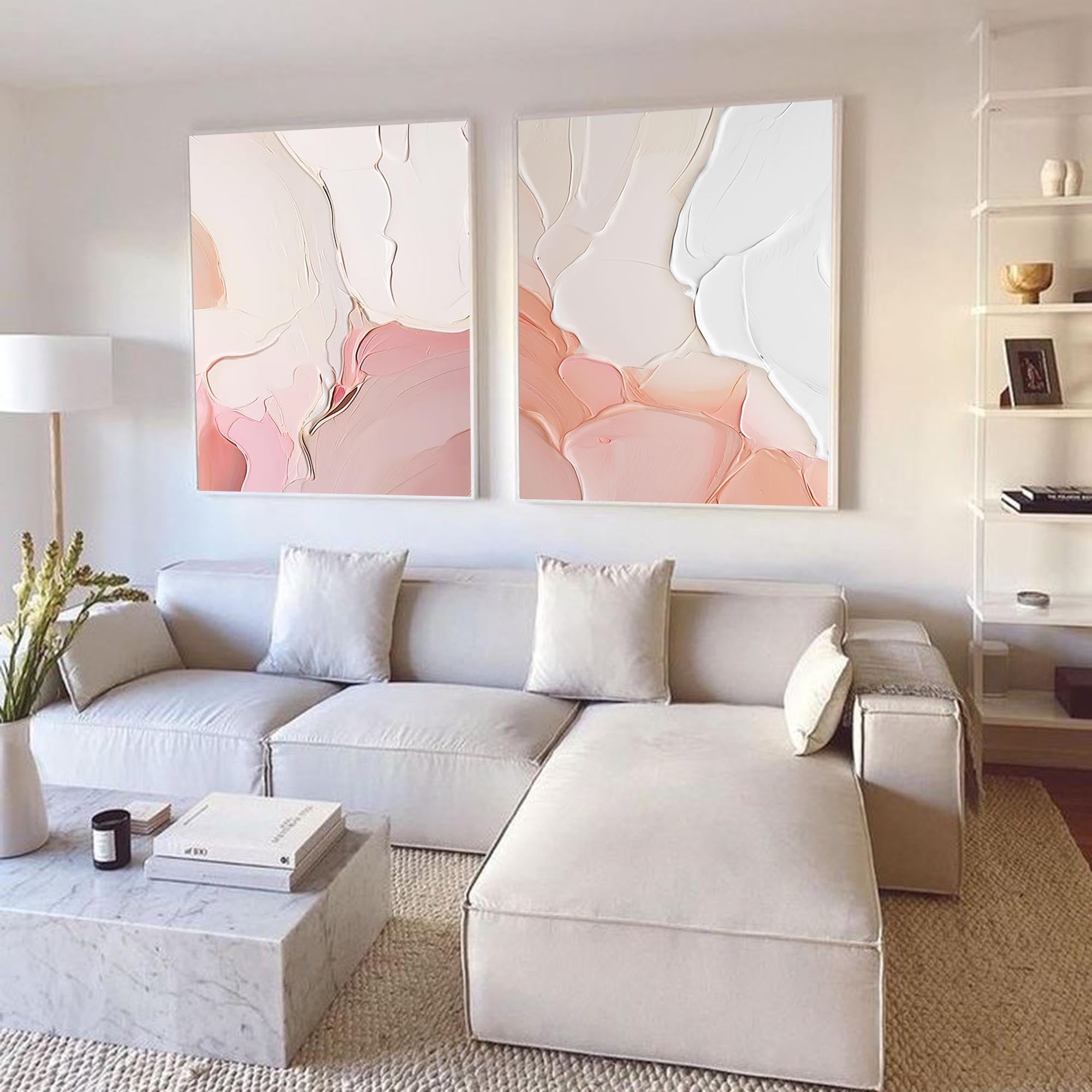 Set of 2 Pink Large Abstract Oil Painting Modern Wall Art Original Texture Oil Painting Living Room Decor