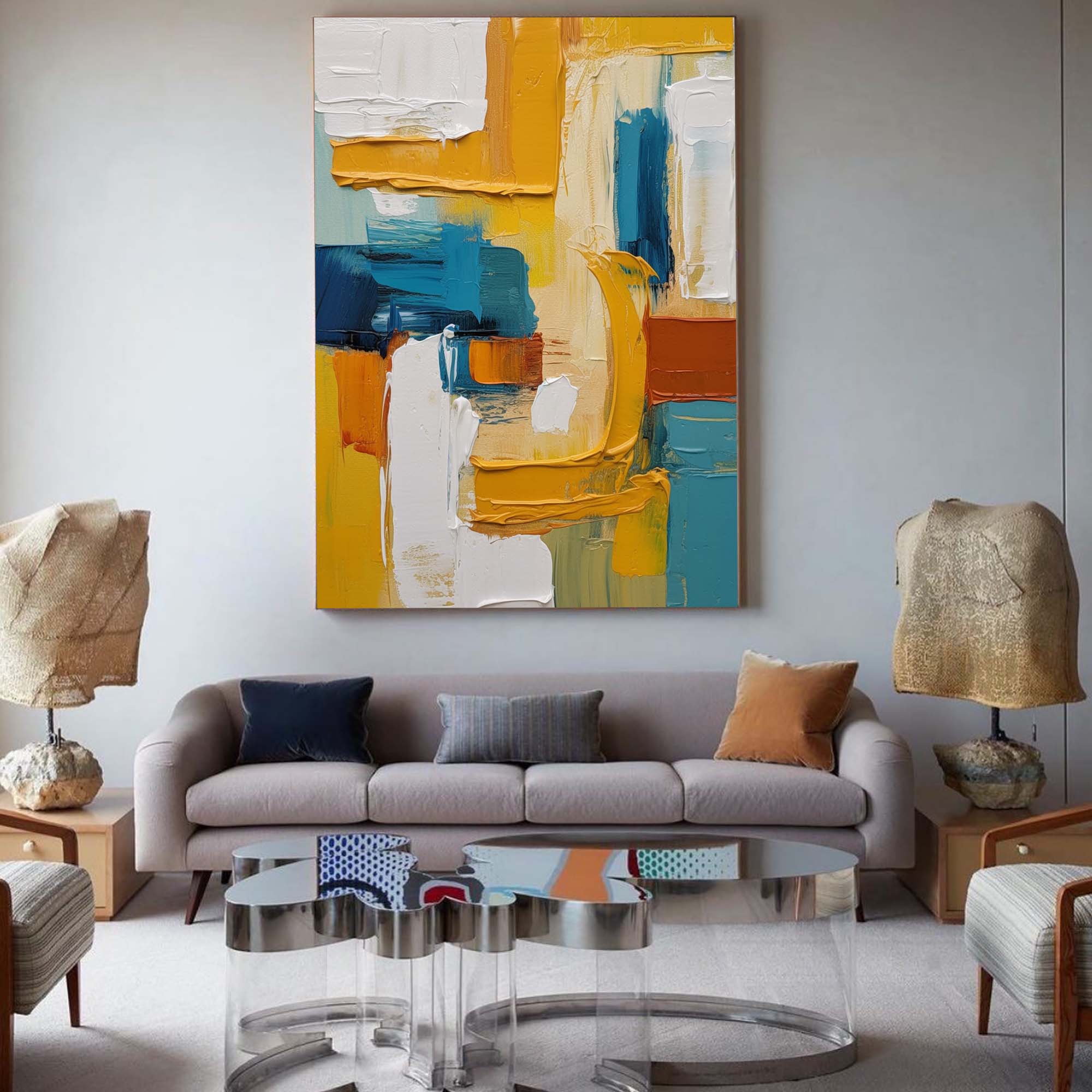Vibrant Yellow And Blue Acrylic Painting Large Textured Modern Abstract Wall Art Original Oil Painting On Canvas Living Room Decor
