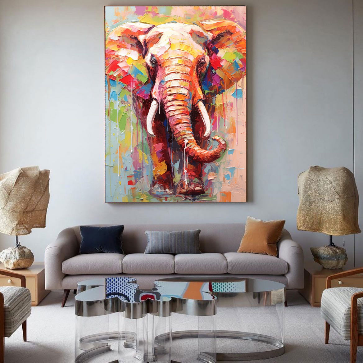 Modern Animal Oil Painting Impressionist Colorful Elephant Oil Painting Textured Canvas Wall Art Framed Living Room Decor