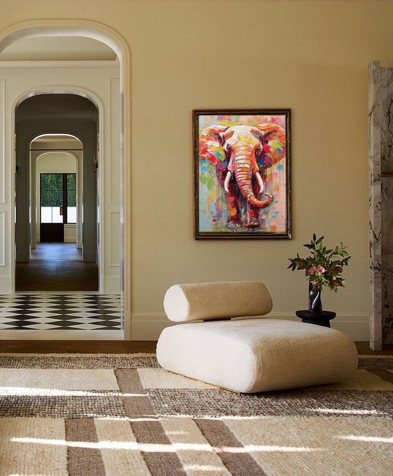 Modern Animal Oil Painting Impressionist Colorful Elephant Oil Painting Textured Canvas Wall Art Framed Living Room Decor