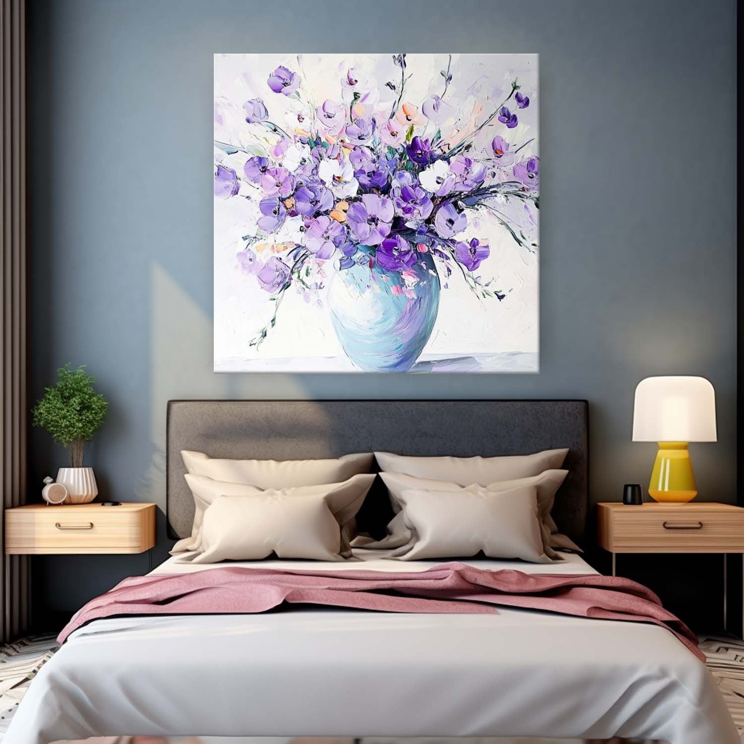 Original Exquisite Vase Art Large Purple Textured Flower Painting Modern Floral Wall Art For Living Room