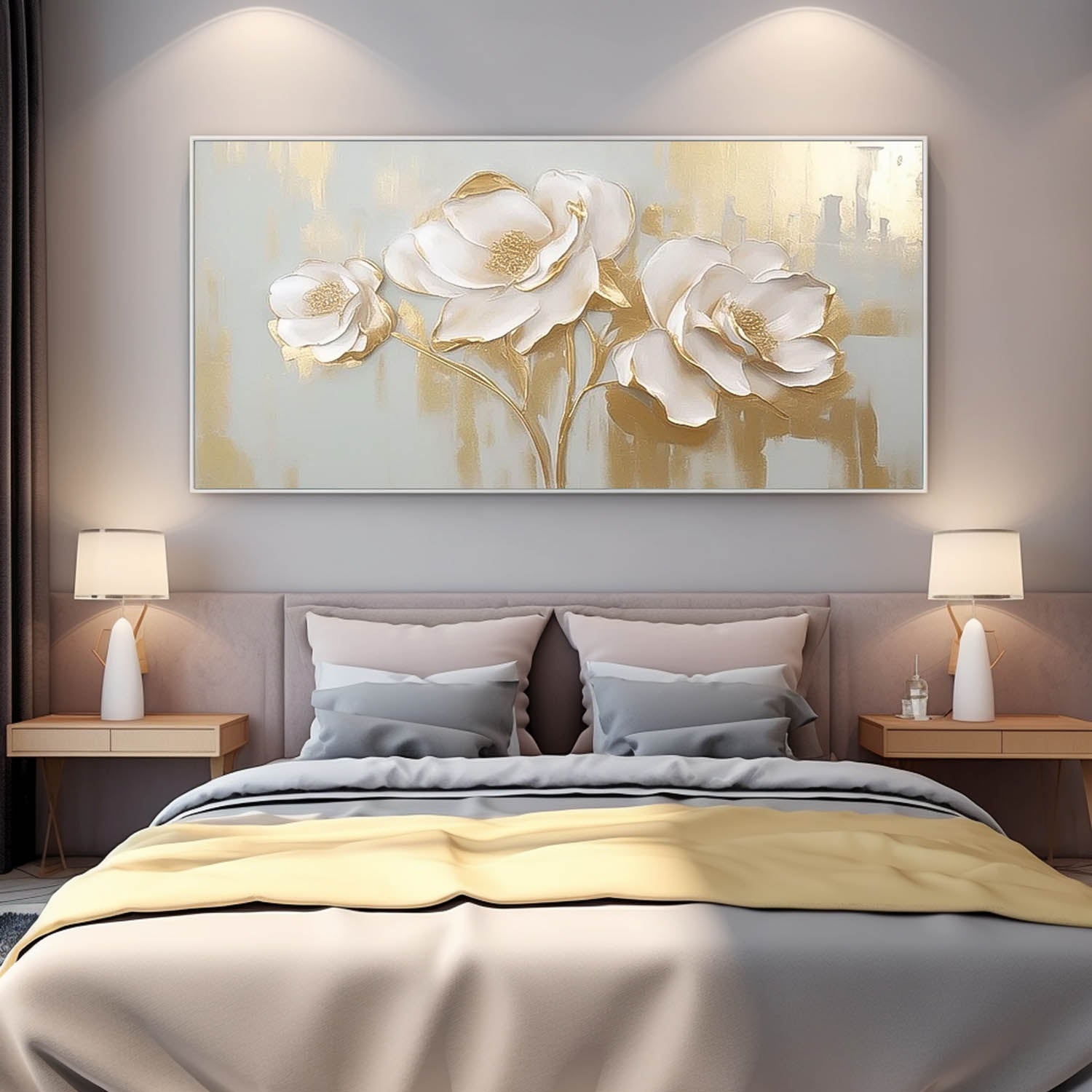 Modern Large Wall Art Textured Flower Acrylic Painting Original White And Gold Painting On Canvas For Living Room