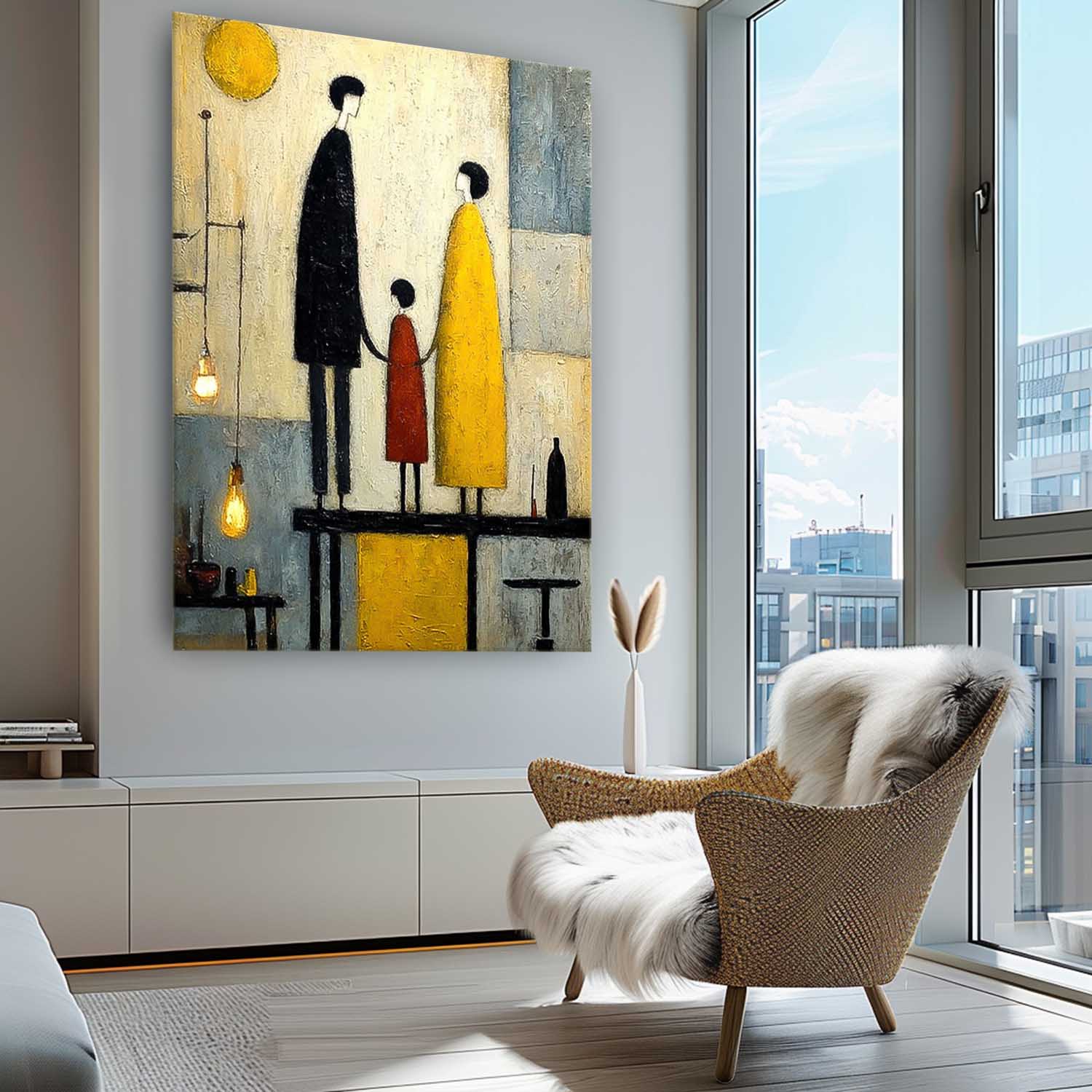 Modern City Silhouette Original Neutral Background Oil Painting Minimalist Family Wall Art Home Decor