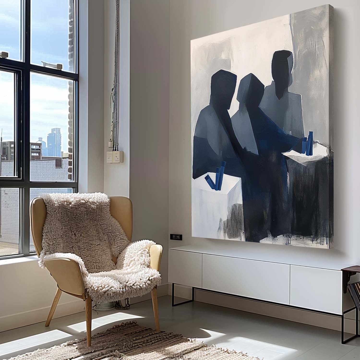 Modern Grey Minimal Abstract Painting Contemporary Gallery Wall Art Figure Neutral Wall Decor Line