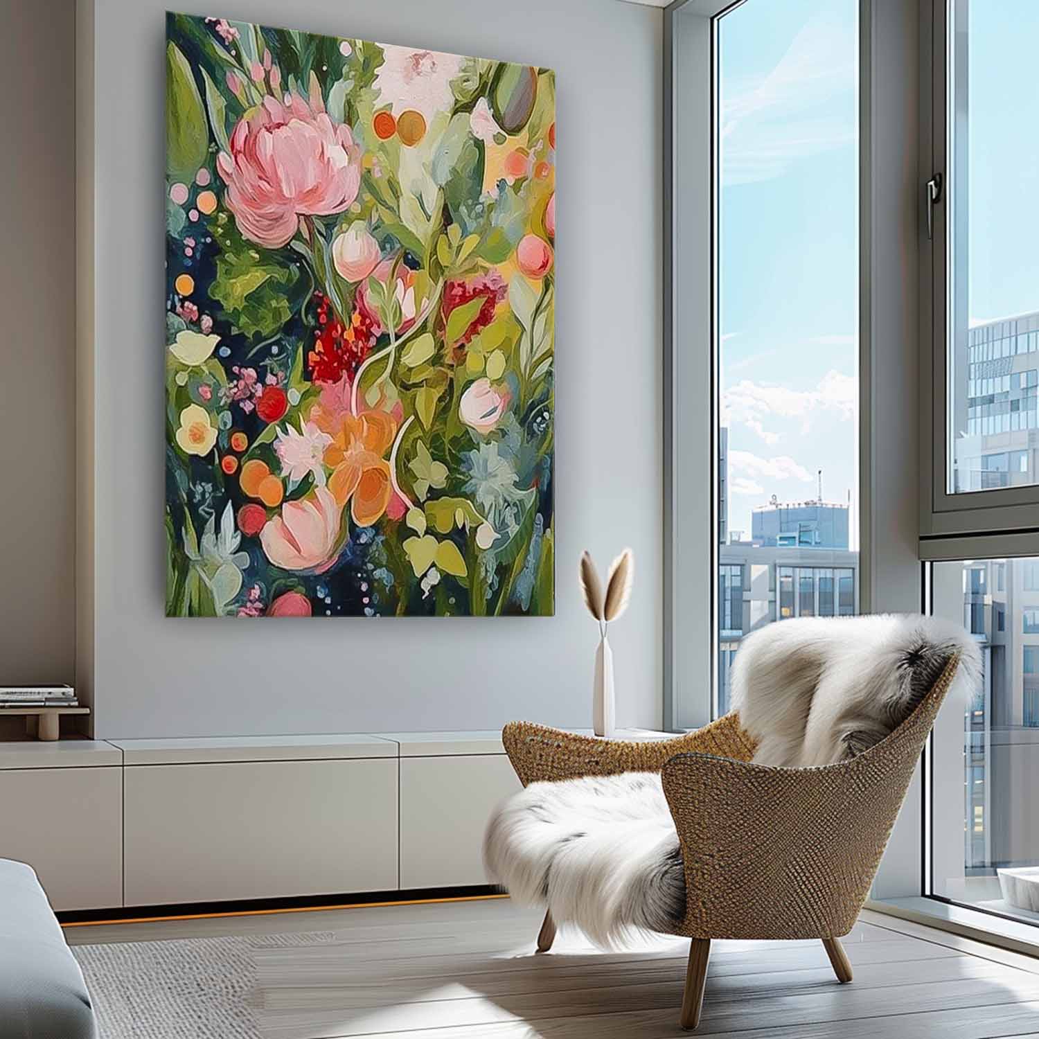 Original Green Flower Wall Art Abstract Boho Modern Floral Acrylic Painting On Canvas Living Room Wall Decor