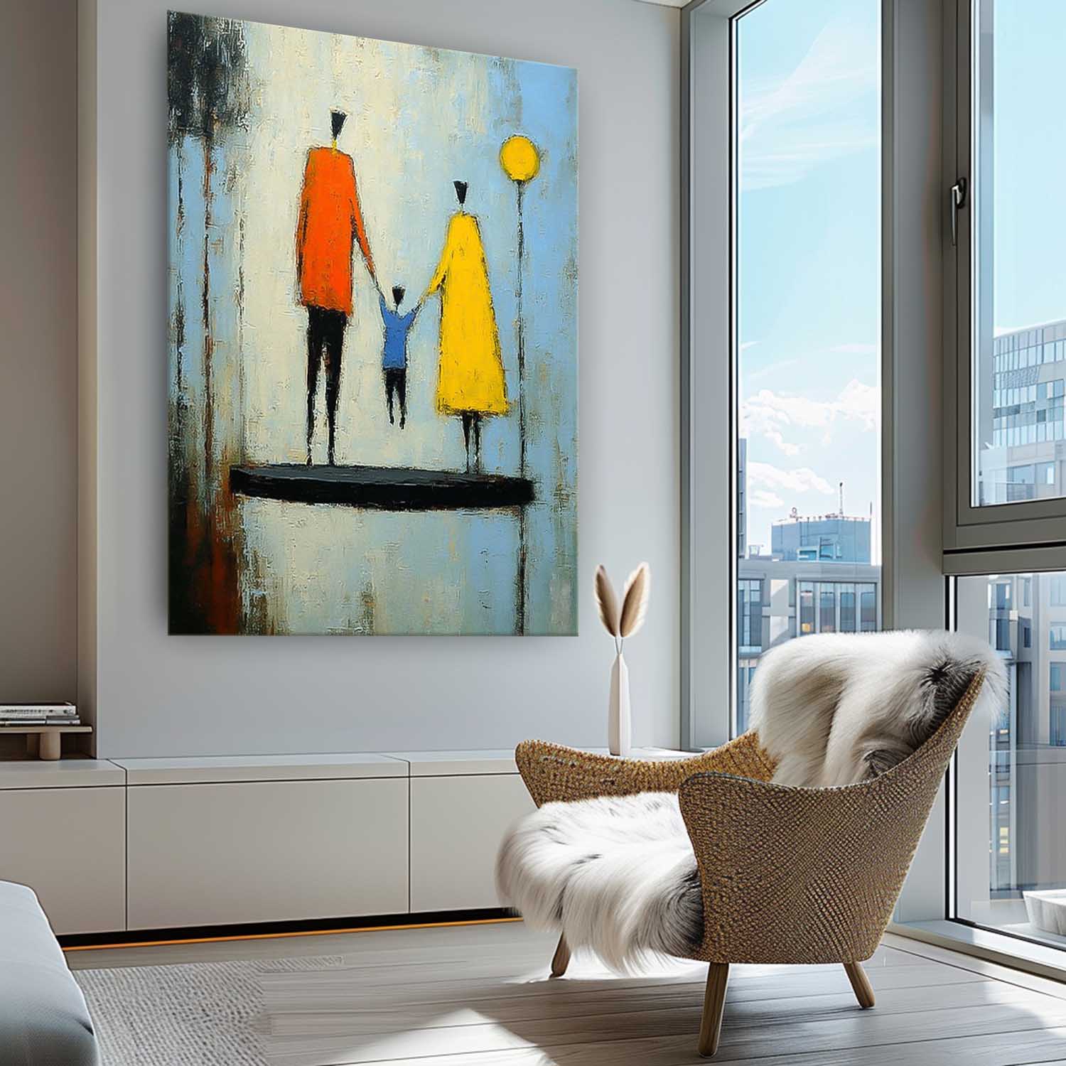 Minimalist Family Wall Art Modern Neutral Background Framed Original City Silhouette Oil Painting
