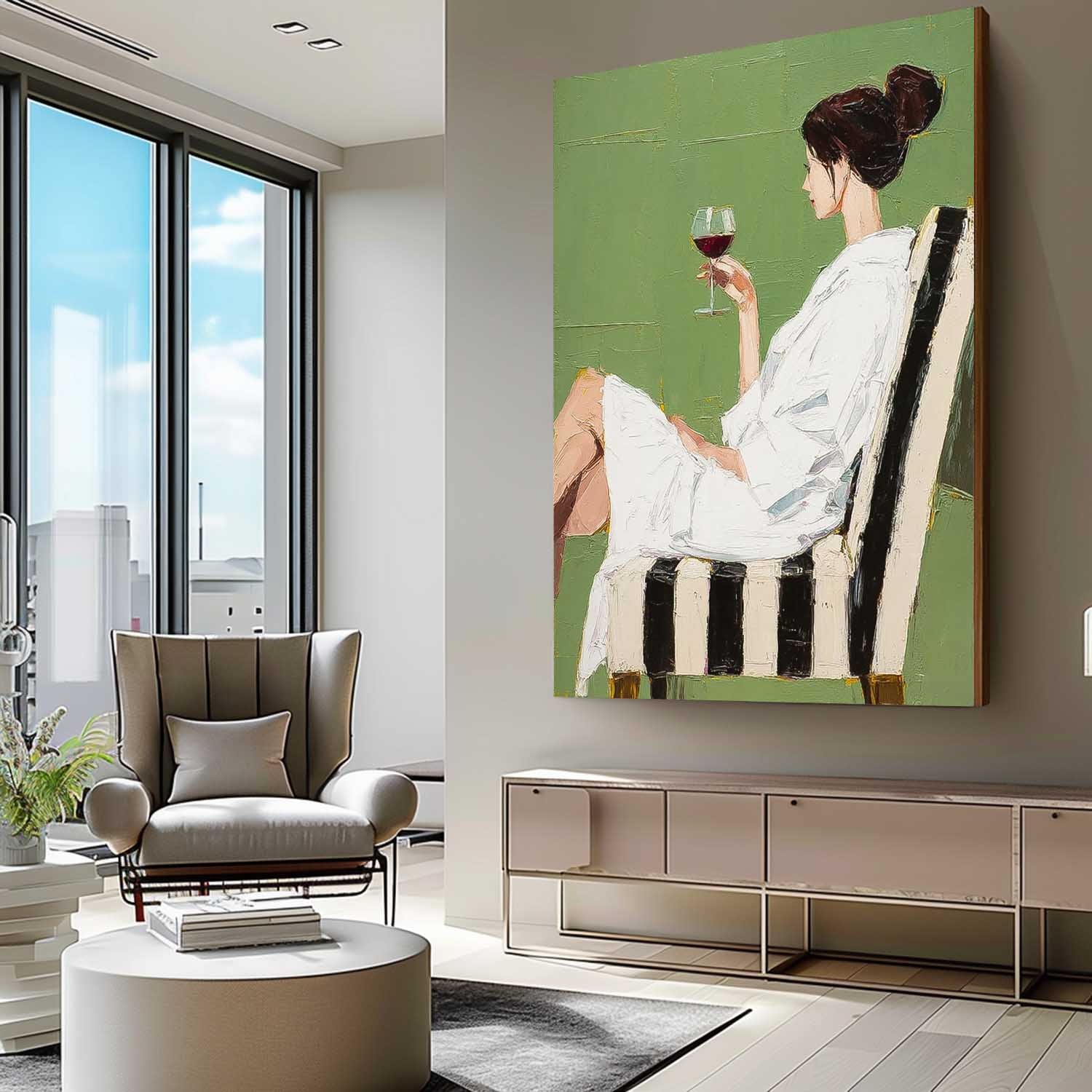 Abstract Lady Tasting Wine Oil Painting Canvas Original Beautiful Woman Wall Art Retro Figure Artwork