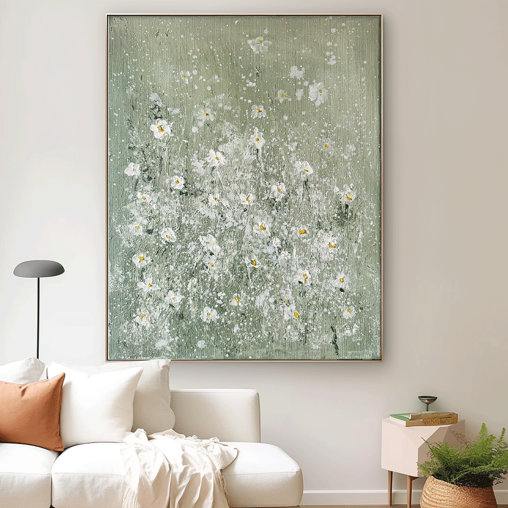 Large Abstract Small White Flower Paintings Modern Paintings Summer Painting Framed Floral Wall Art