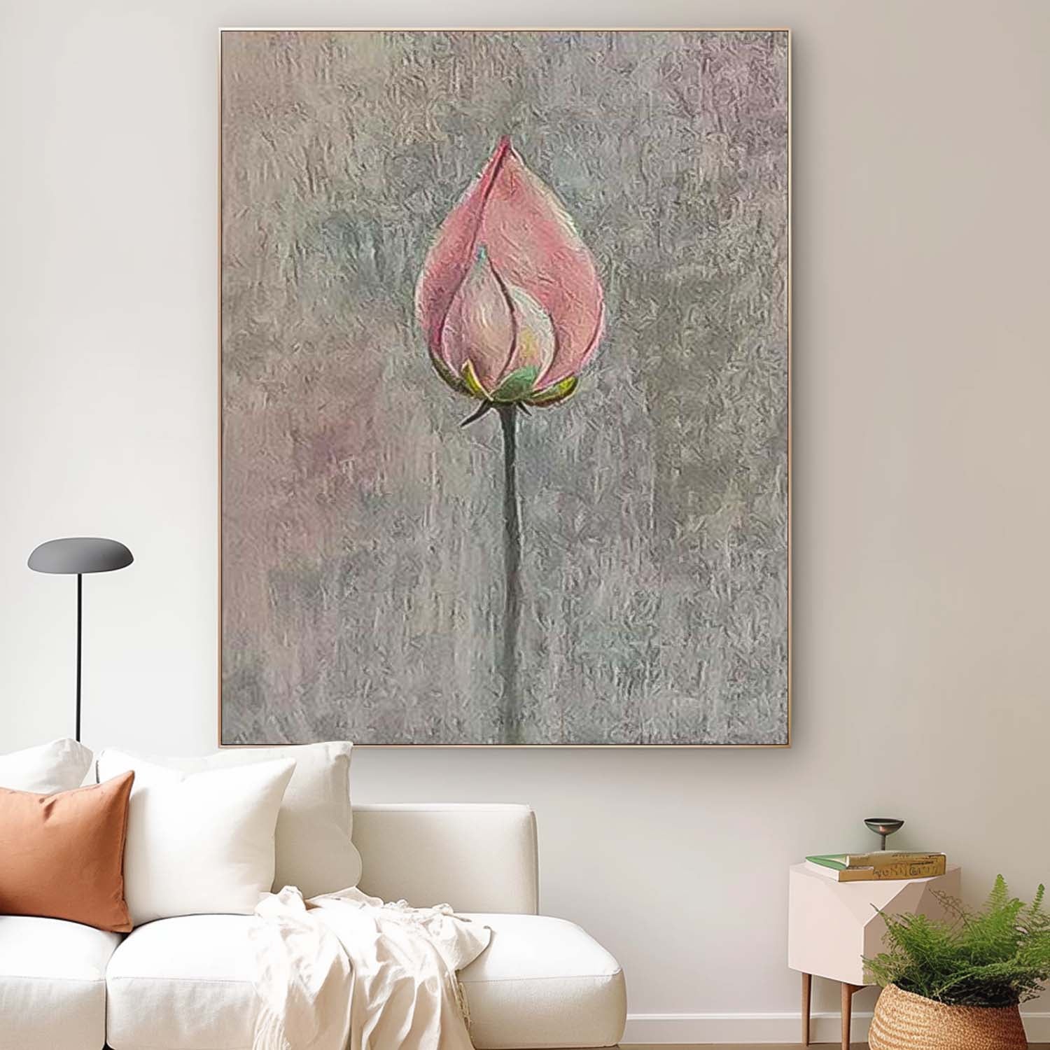 Lotus Bud Original Contemporary Flowers Artwork Abstract Grey And Pink Flower Oil Painting On Canvas