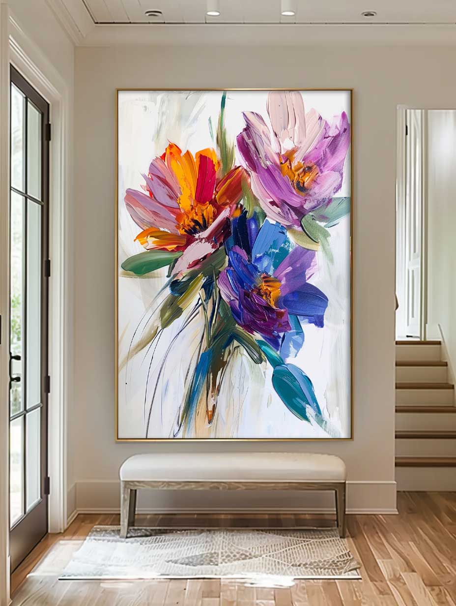 Large Original Thick Texture Contemporary Flowers Artwork Abstract Colorful Flower Oil Painting on Canvas