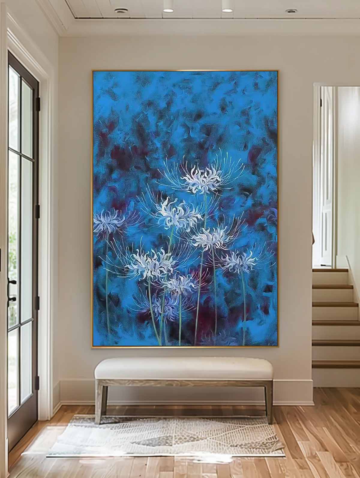 Original Modern Equinox Flower Artwork Abstract Hand Painted Oil Painting On Canvas Blue Floral Wall Art Home Decor