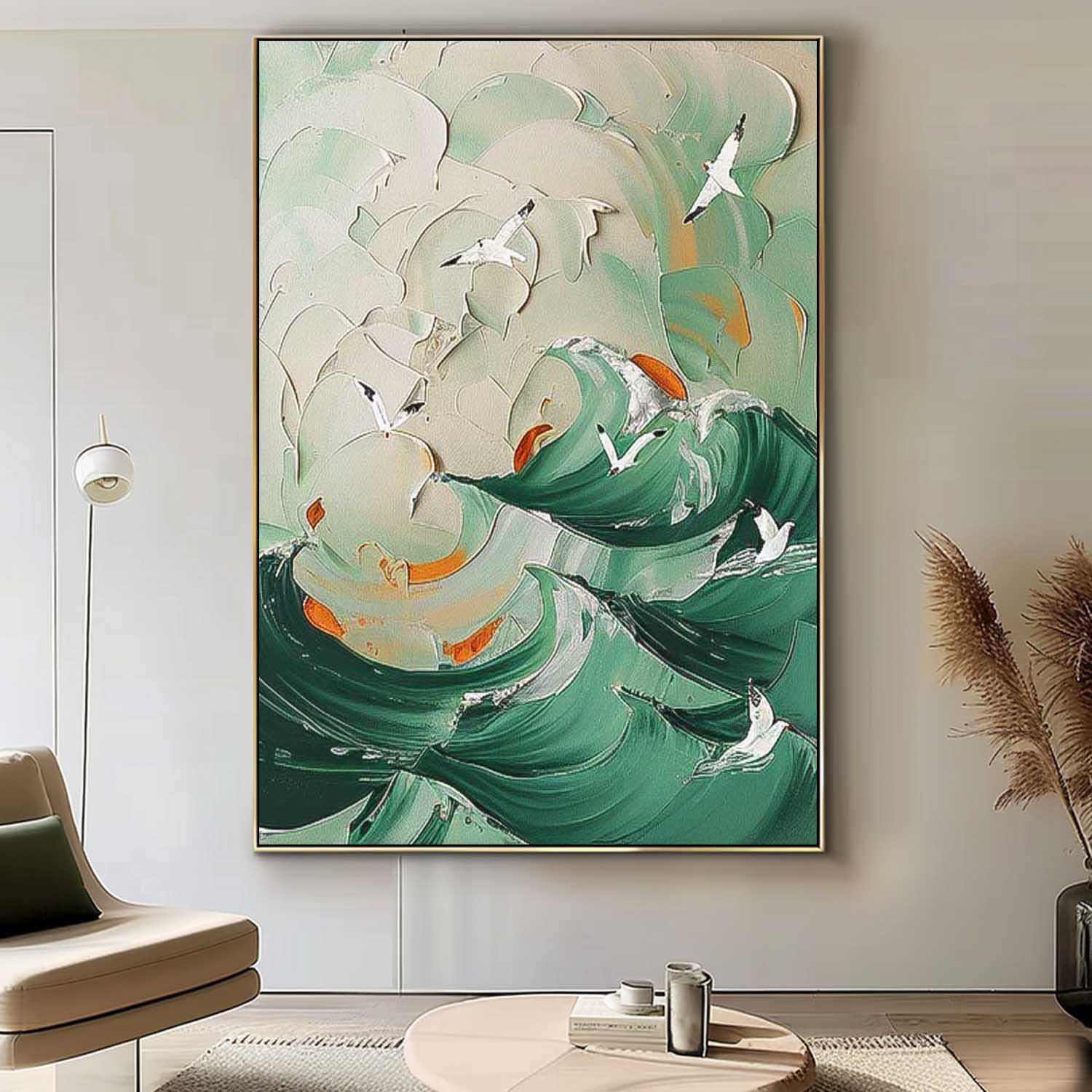 Original Abstract Beach Oil Painting On Canvas Large 3D Green Ocean Wall Art Seagull Artwork Decor