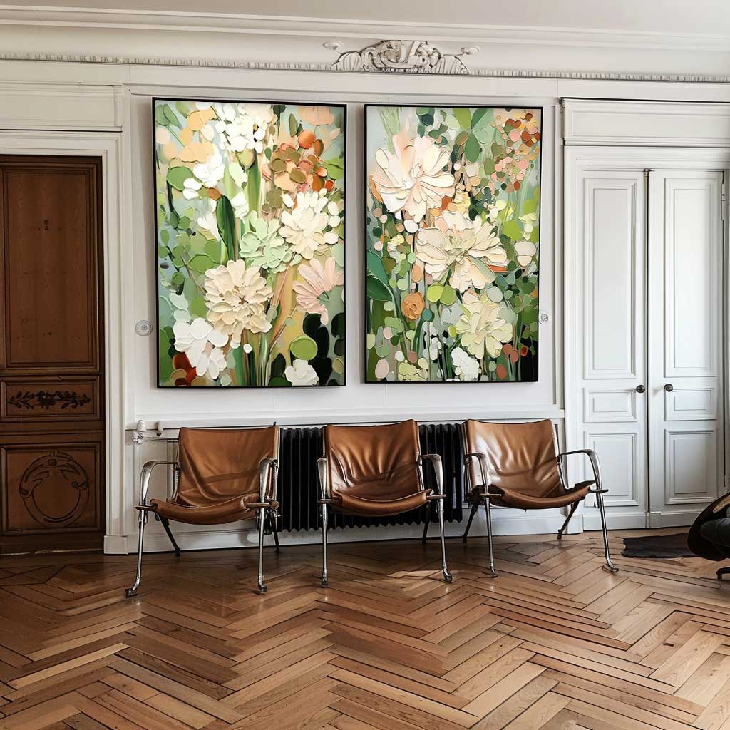 Set of 2 Sage Color Abstract Oil Paintings Contemporary Flower Canvas Wall Art Floral Spring Artwork