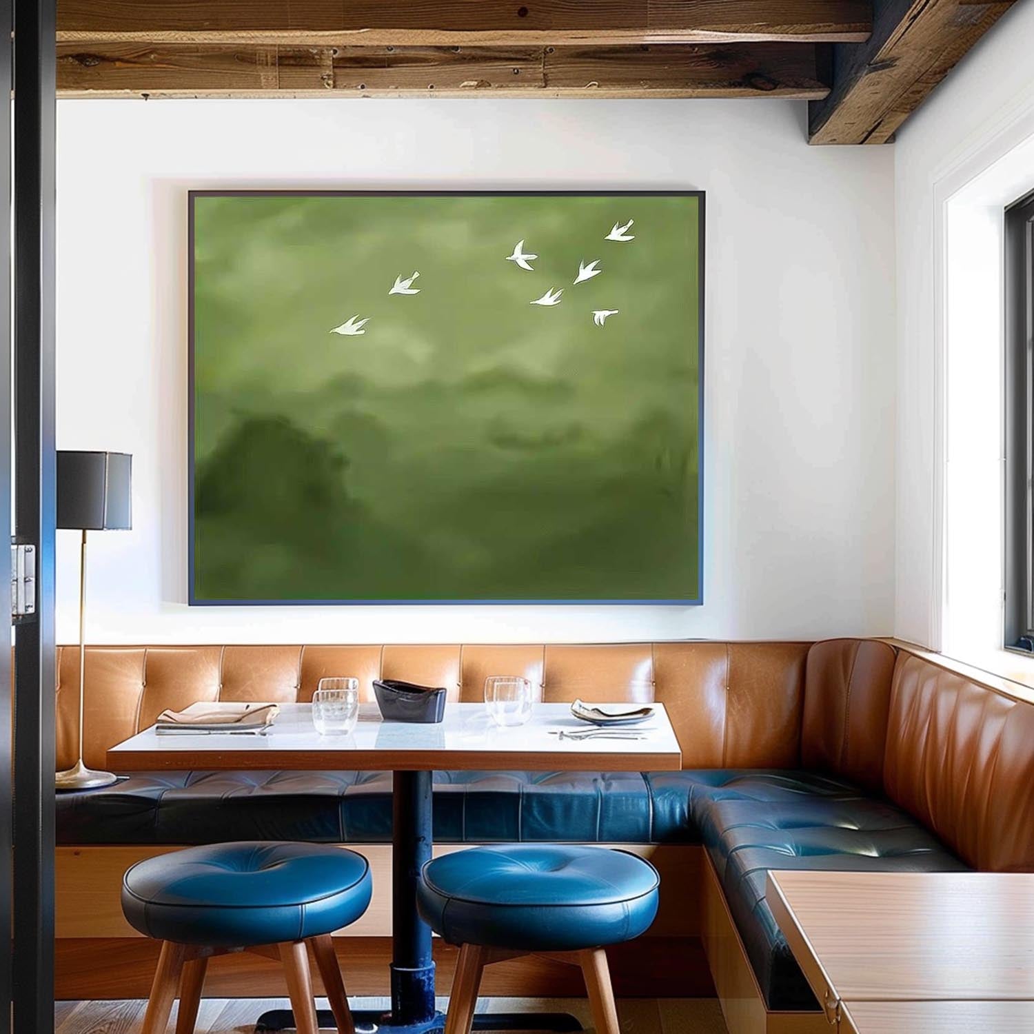 Large Green Wall Art Abstract Oil Painting Original Minimalist Wild Geese Abstract Spring Artwork