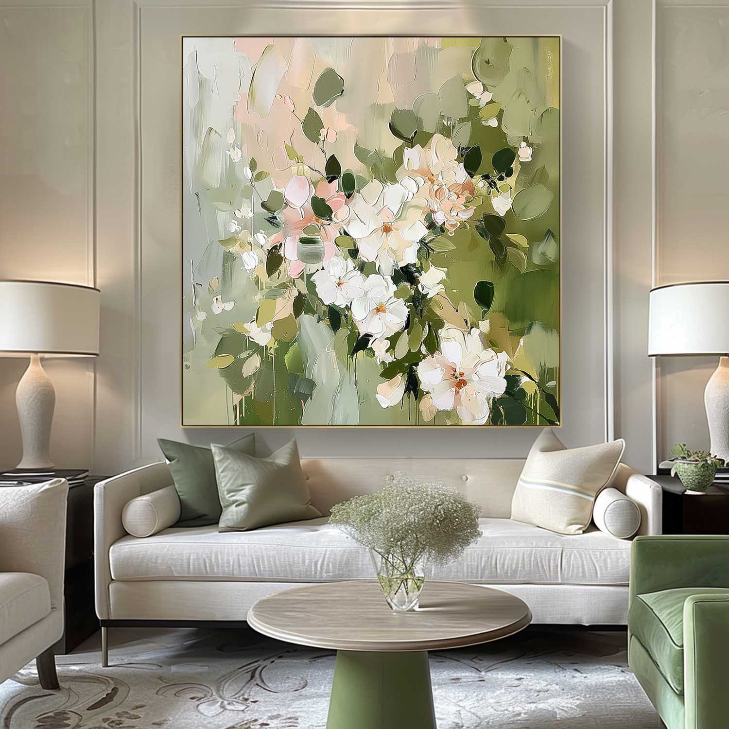 Square Original  Fresh White Flowers Painting Large Green Acrylic Painting Modern Floral Oil Painting On Canvas