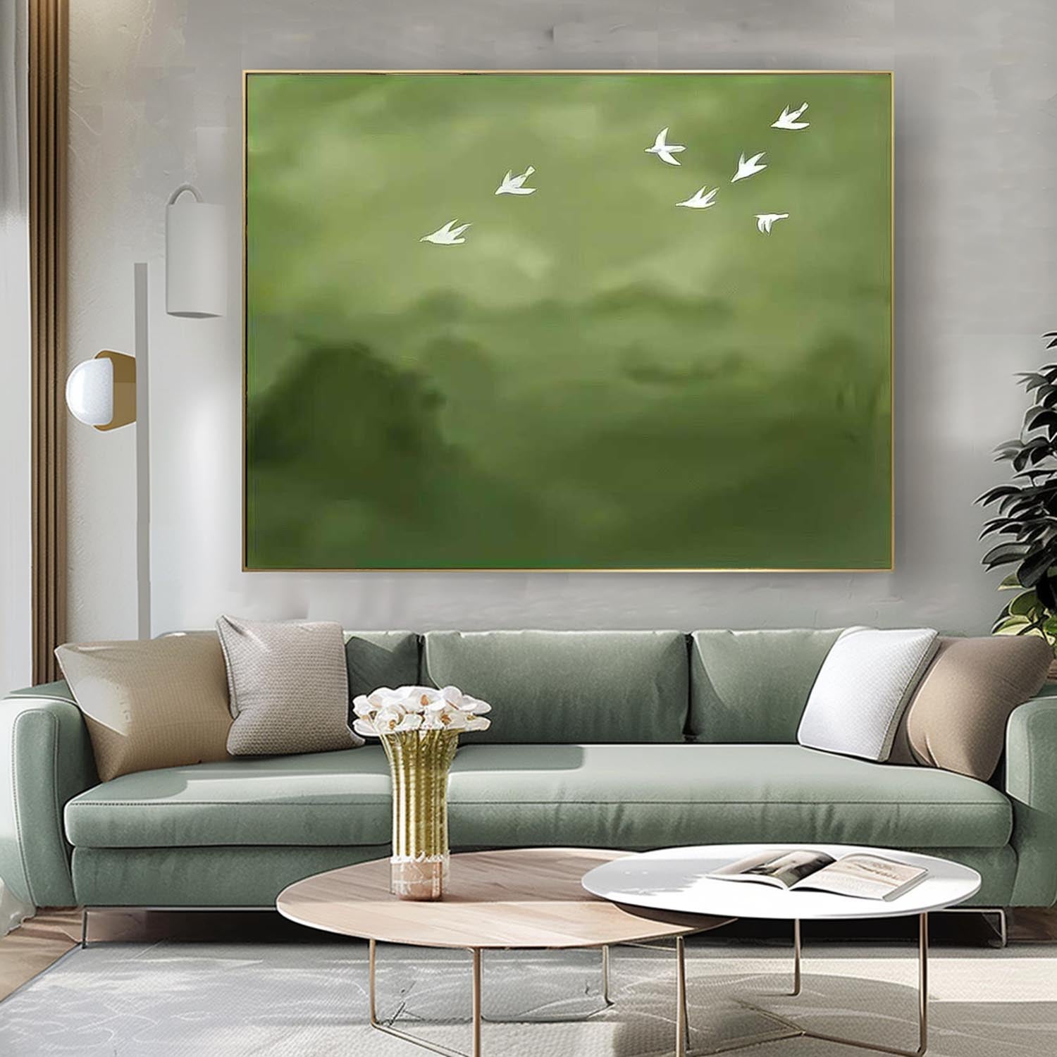 Large Green Wall Art Abstract Oil Painting Original Minimalist Wild Geese Abstract Spring Artwork