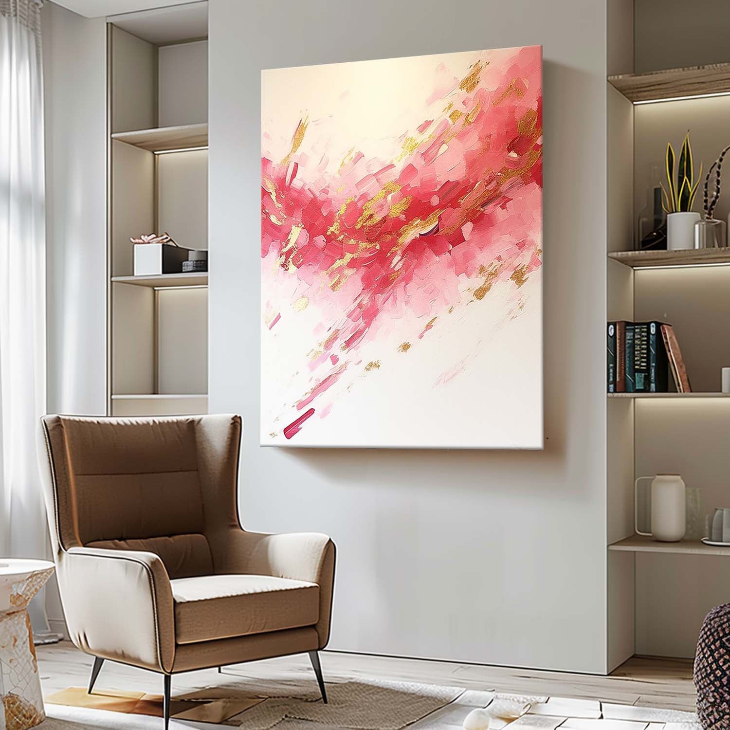 Large Pink Modern Acrylic Painting On Canvas Gold Texture Abstract Oil Painting High Quality Original Artwork