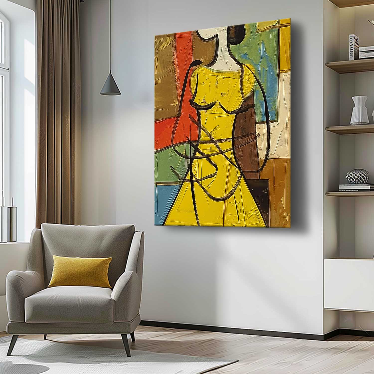Large Cartoon Lines Painting Framed Original Lady Wall Art Abstract Yellow Dress Artwork Home Decor