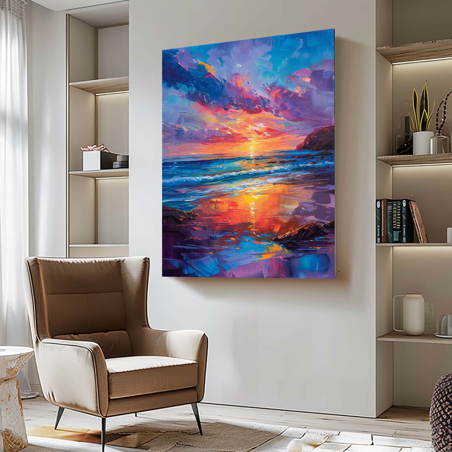 Colorful Original Abstract Beach Oil Painting On Canvas Large Ocean Wall Art Texture Sunset Artwork Home Decor