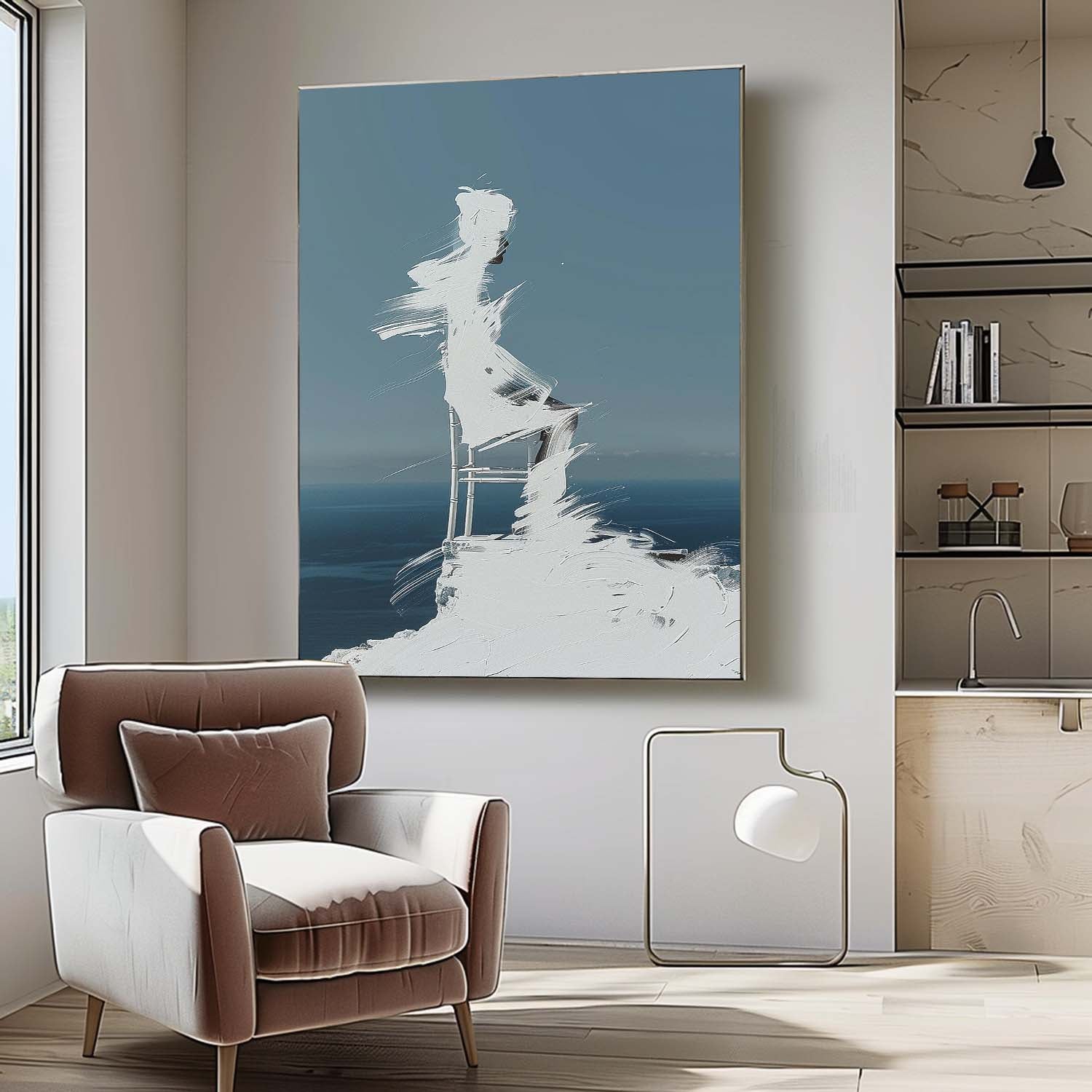 Original Abstract Wall Art Figure shadow Painting Cool Tones Large Outline Acrylic Painting Framed Artwork