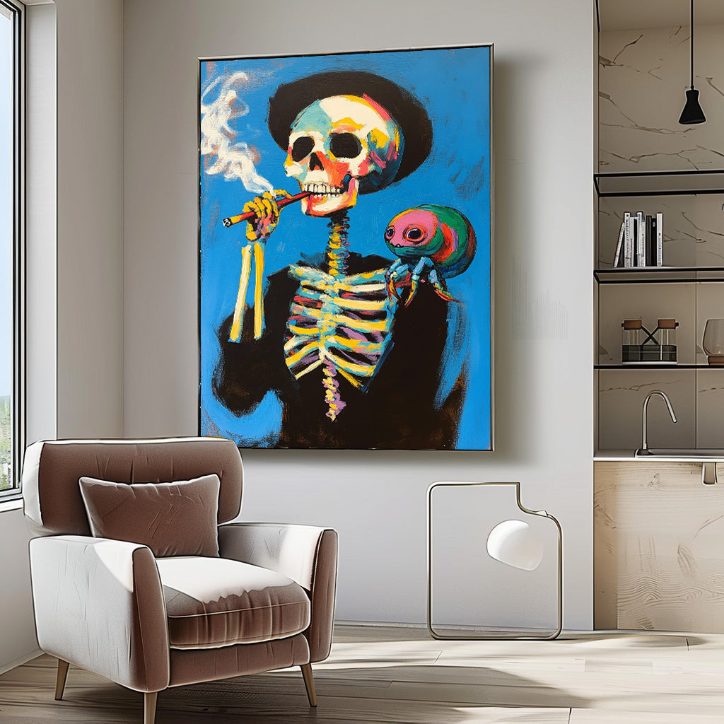Large Acrylic Painting Framed Lovely Skeleton Painting Colorful Original Abstract Wall Art Unique Home Decor