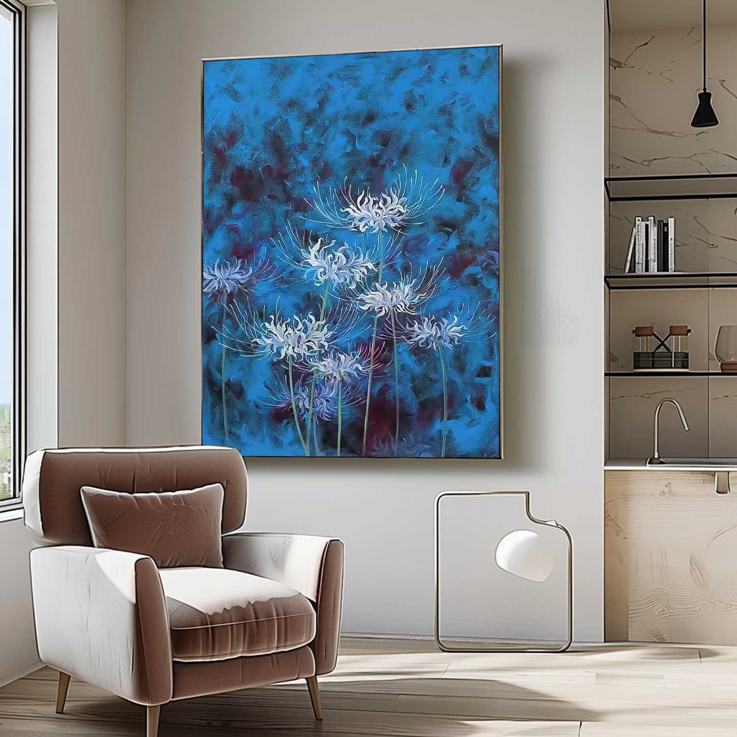 Original Modern Equinox Flower Artwork Abstract Hand Painted Oil Painting On Canvas Blue Floral Wall Art Home Decor
