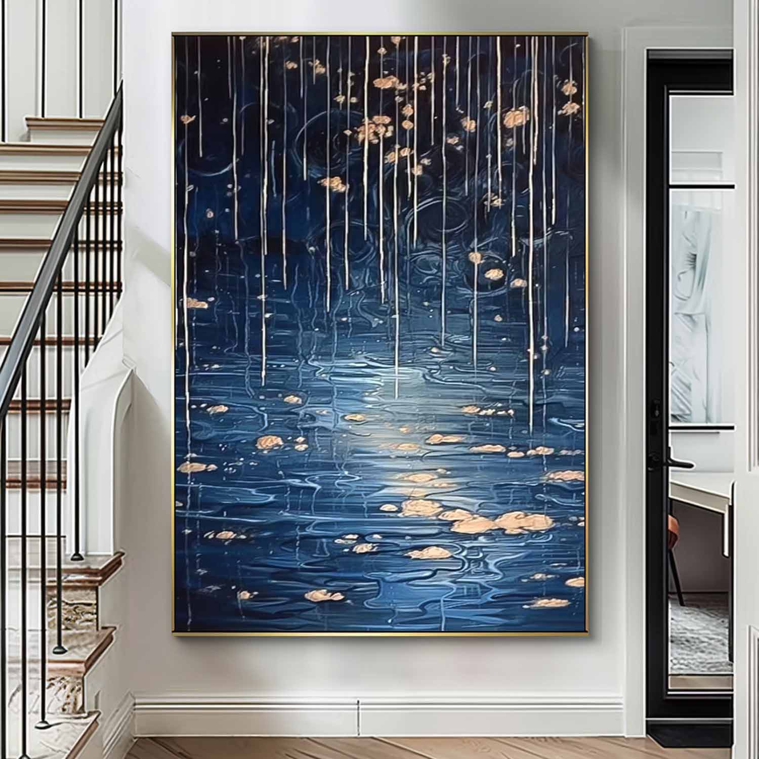 Blue Long Version Large Abstract Rain Oil Painting Original Raindrop Wall Art Texture Painting Home Decor