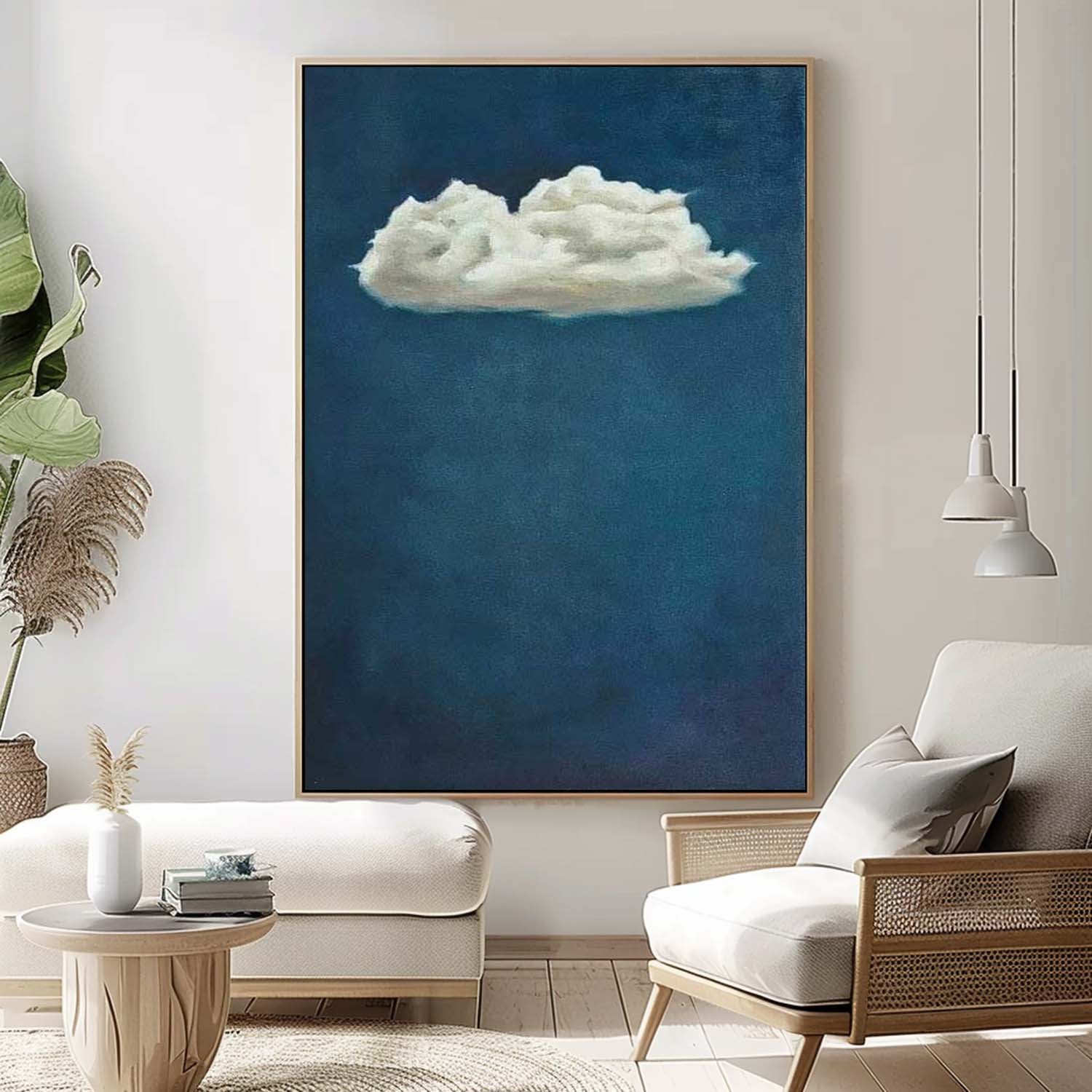 Original Hand-Painted Artwork Large Blue Wall Art Minimalist White Clouds Abstract Canvas Oil Painting