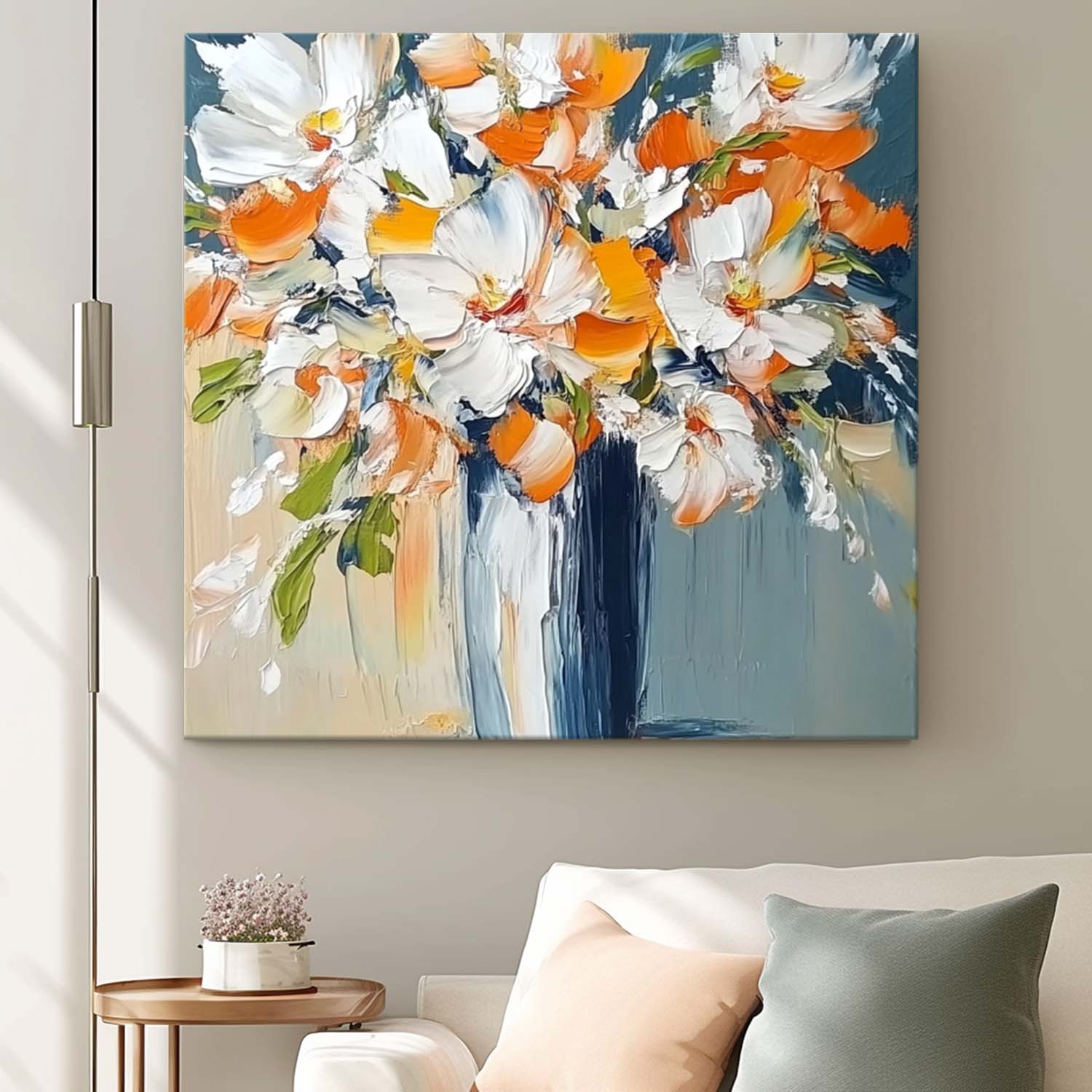 Original Exquisite Vase Art Large Orange color Textured Flower Painting Modern Floral Wall Art Home Decor