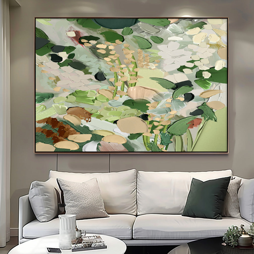 Horizontal Flower Texture Artwork Original Abstract Green Leaves Oil Painting On Canvas Home Decor Gift