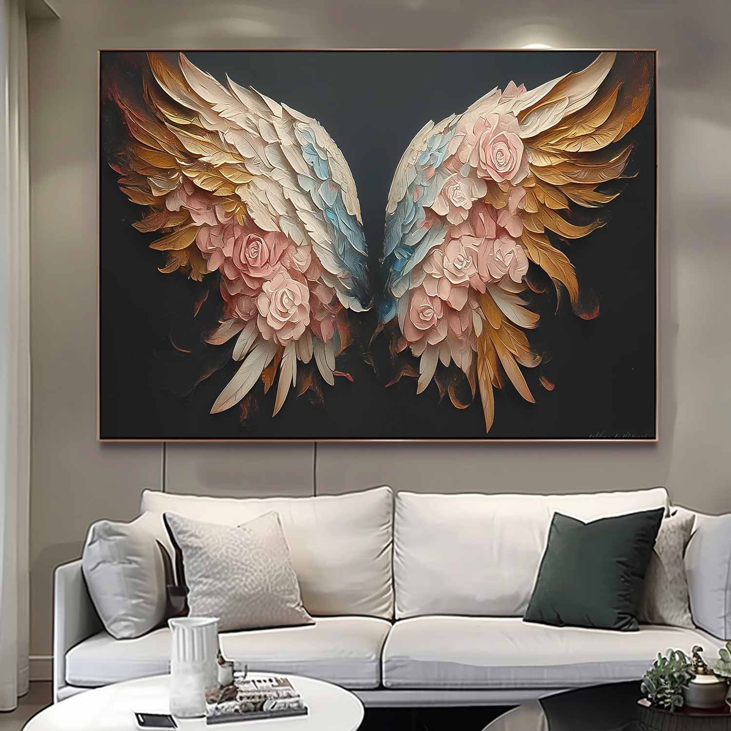 Big Wing Flower Boho Artwork Original Abstract Angel Wing Oil Painting On Canva For Living Room Decor Gift