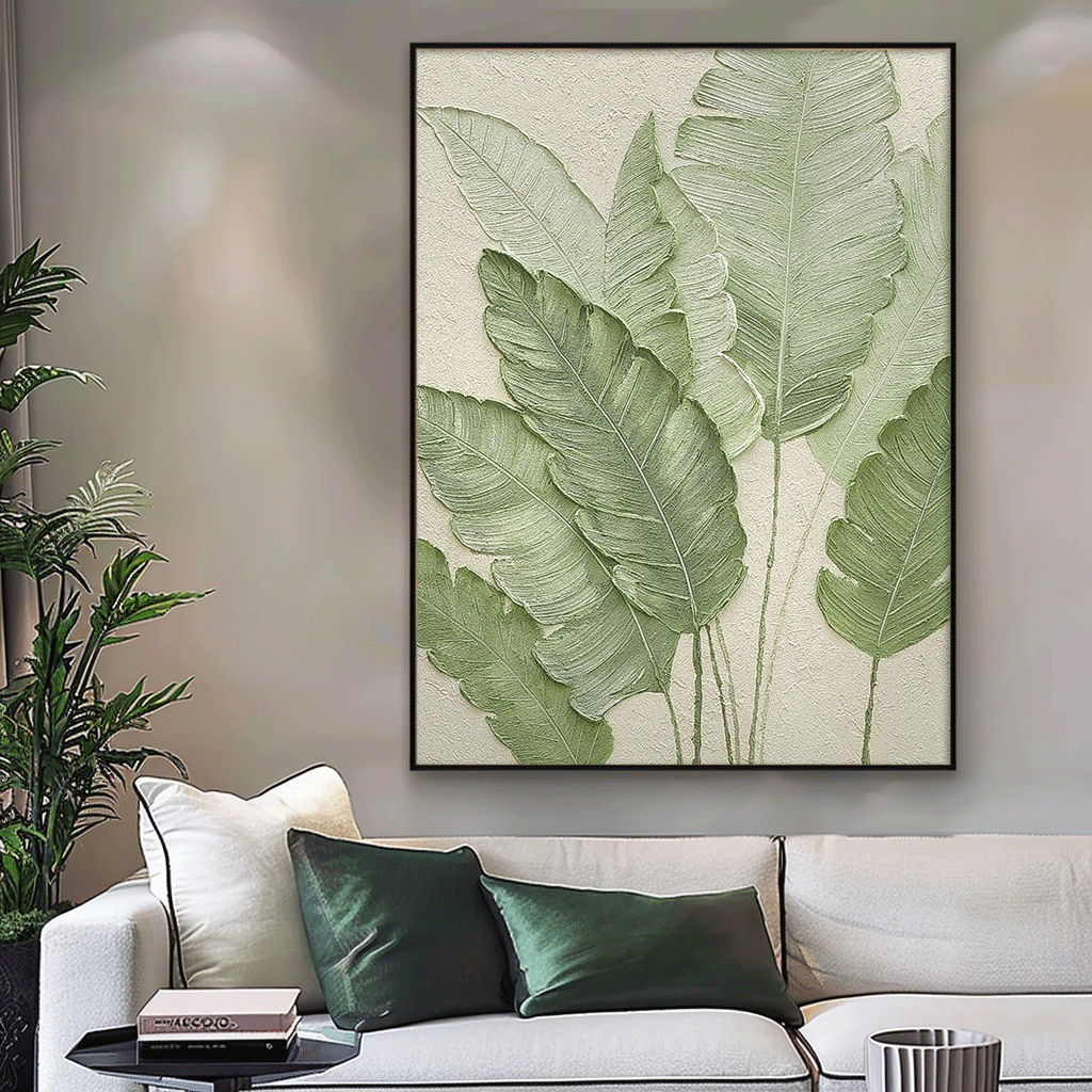 Contemporary Leaf Paintings Summer Painting Framed Large Thick Texture Abstract Green Leaf Paintings Wall Art