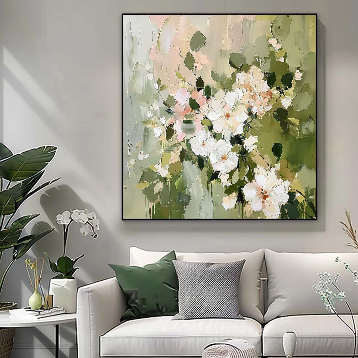 Square Original  Fresh White Flowers Painting Large Green Acrylic Painting Modern Floral Oil Painting On Canvas