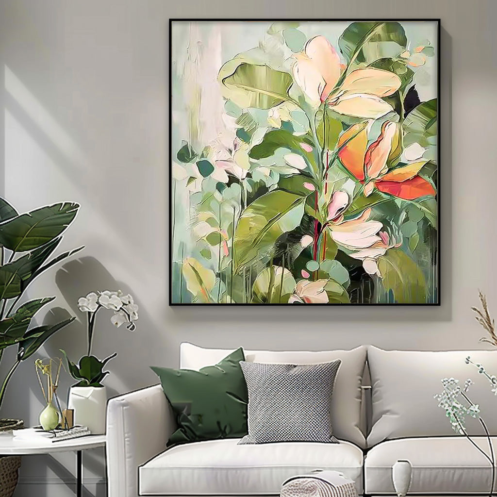 Square Green Acrylic Painting Lovely Original Flowers Abstract Wall Art Modern Floral Oil Painting On Canvas