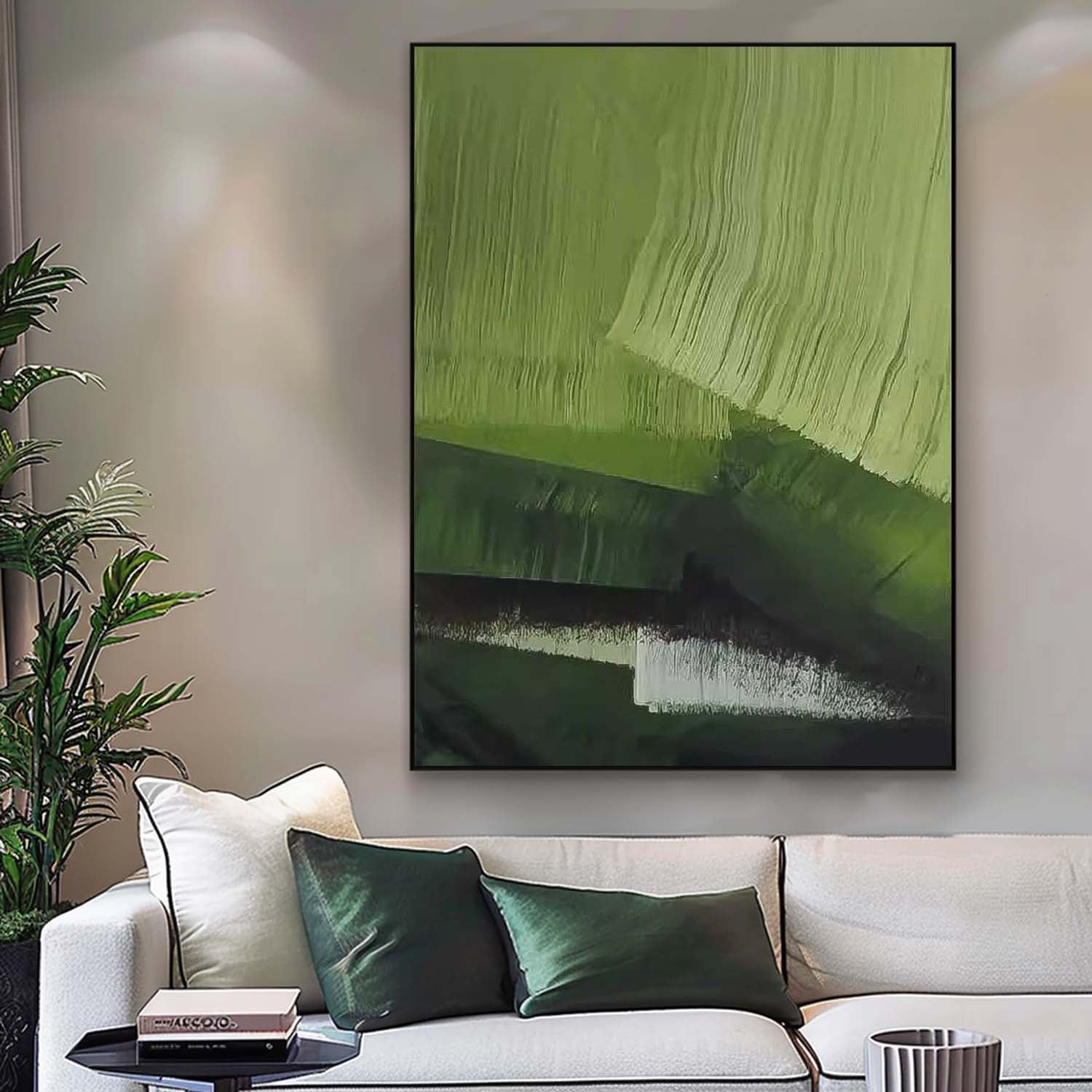 Large Wall Art Texture Minimalist Green Brush Canvas Oil Painting Abstract Original framed Artwork