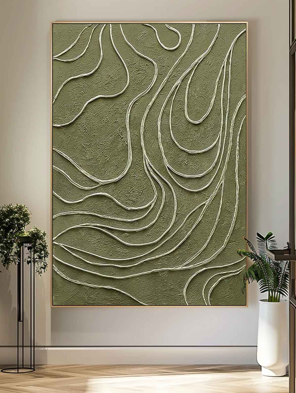 Original Hand-Painted Artwork Large Green Wall Art Minimalist lines Abstract Canvas Oil Painting
