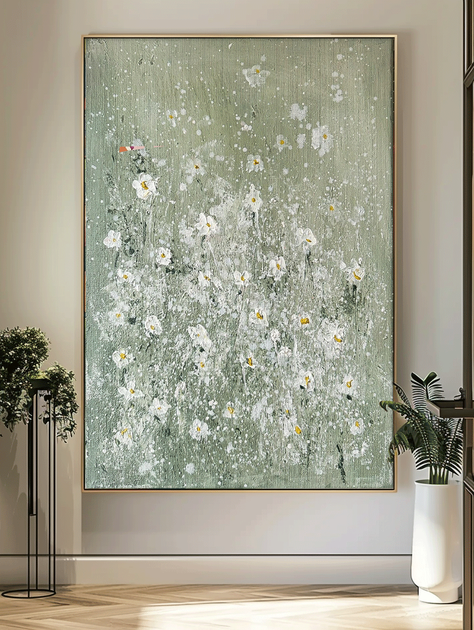 Large Abstract Small White Flower Paintings Modern Paintings Summer Painting Framed Floral Wall Art