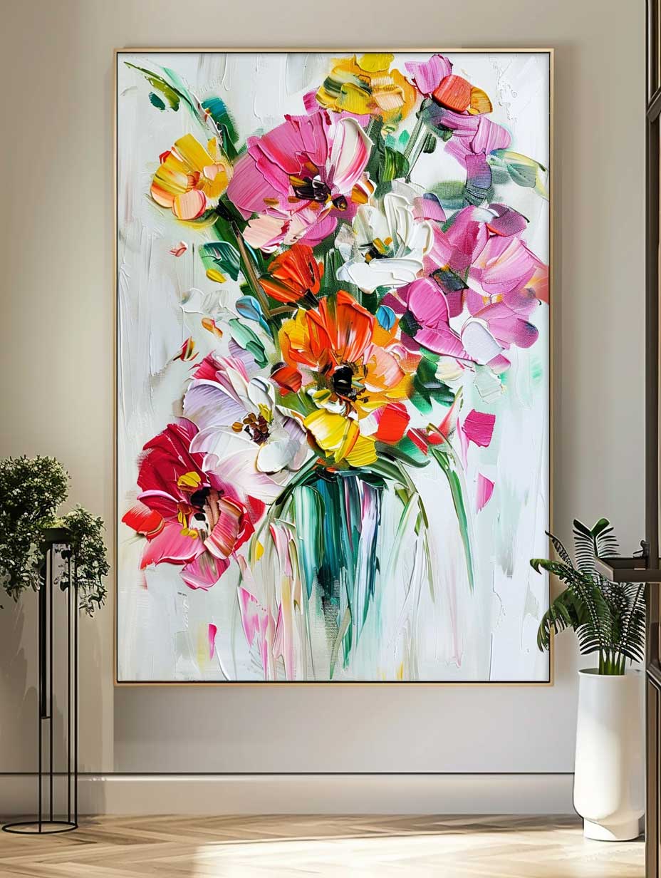 Abstract Colorful Flower Oil Painting on Canvas Big Original Thick Texture Contemporary Flowers Artwork
