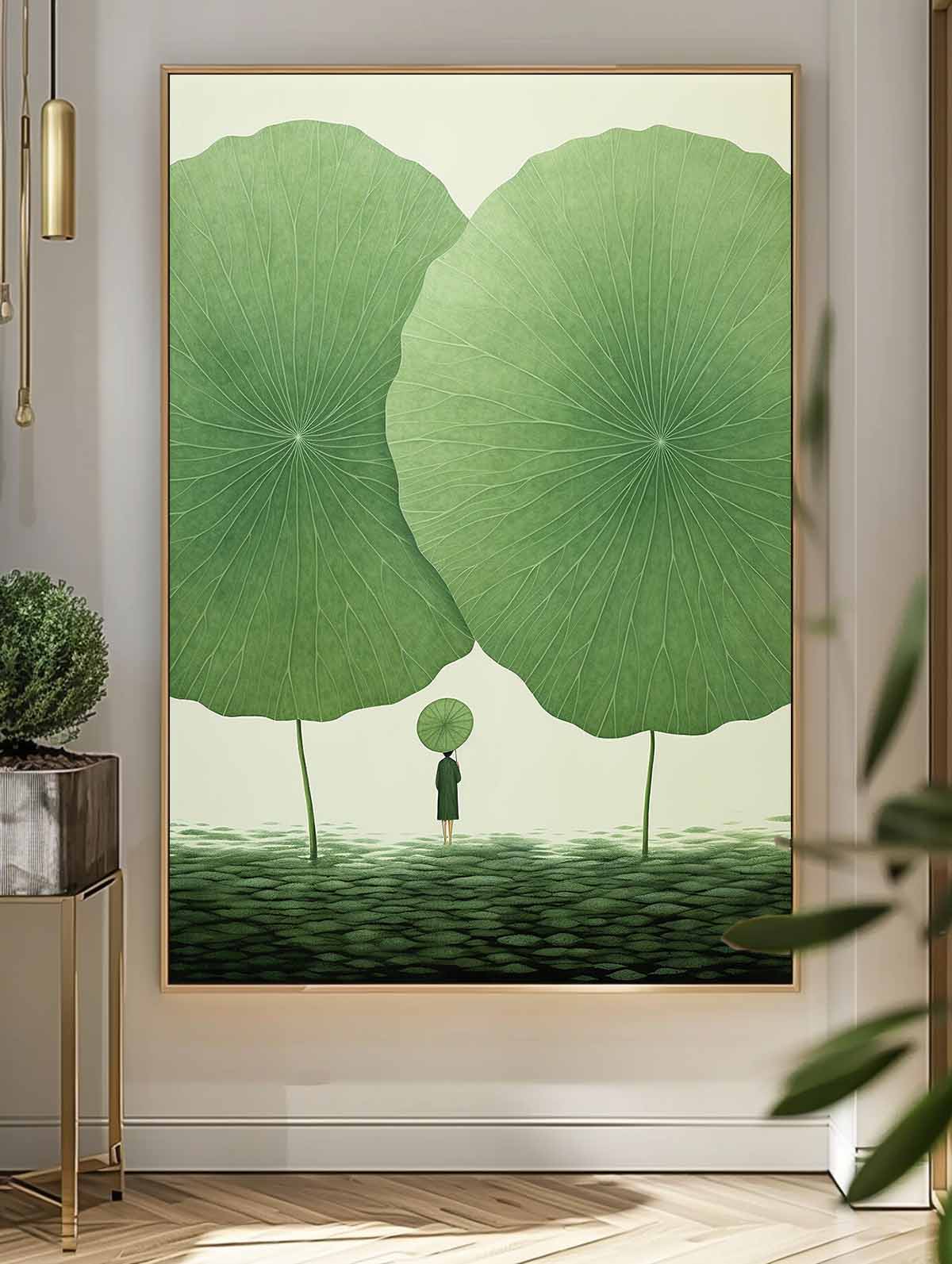 Original Modern Leaf Artwork Abstract Lotus Leaf Oil Painting On Canvas Floral illustration Wall Art Home Decor