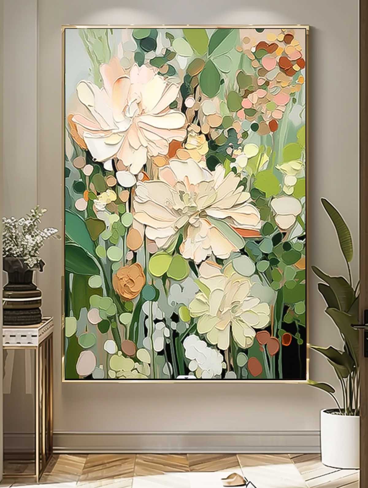 Abstract Flower Oil Painting on Canvas Large Original Minimalist Green Floral Art Custom Painting Boho Wall Decor