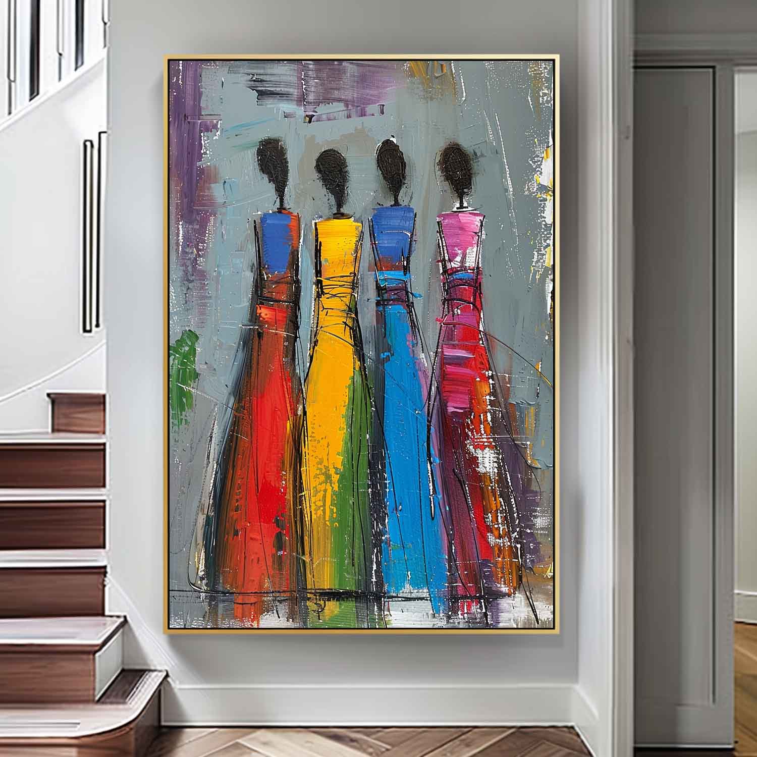 Colorful Four Women Silhouettes Painting Original Modern Wall Art Big Multicolor Girl Painting Framed