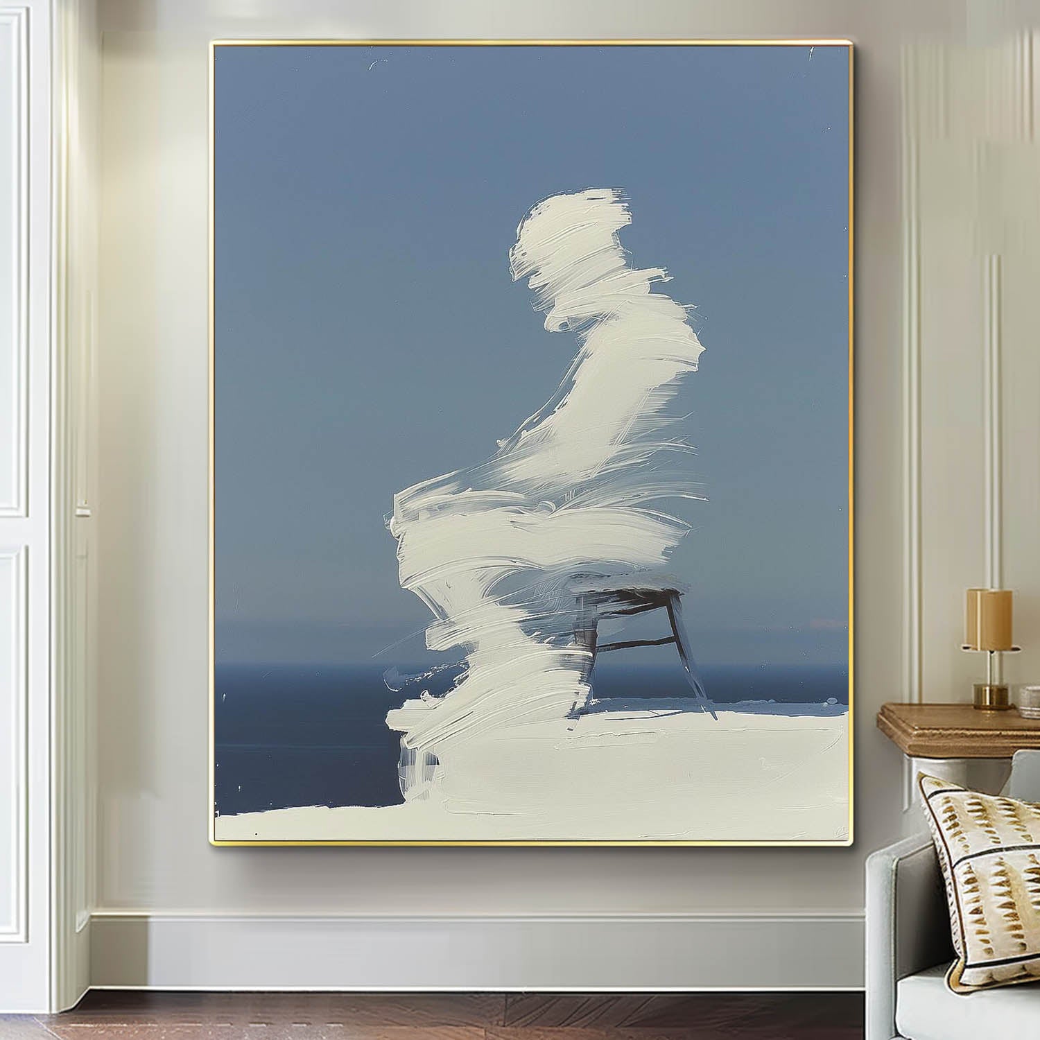 Cool Tones Original Abstract Wall Art Large Outline Acrylic Painting Figure Outline Painting Framed Artwork
