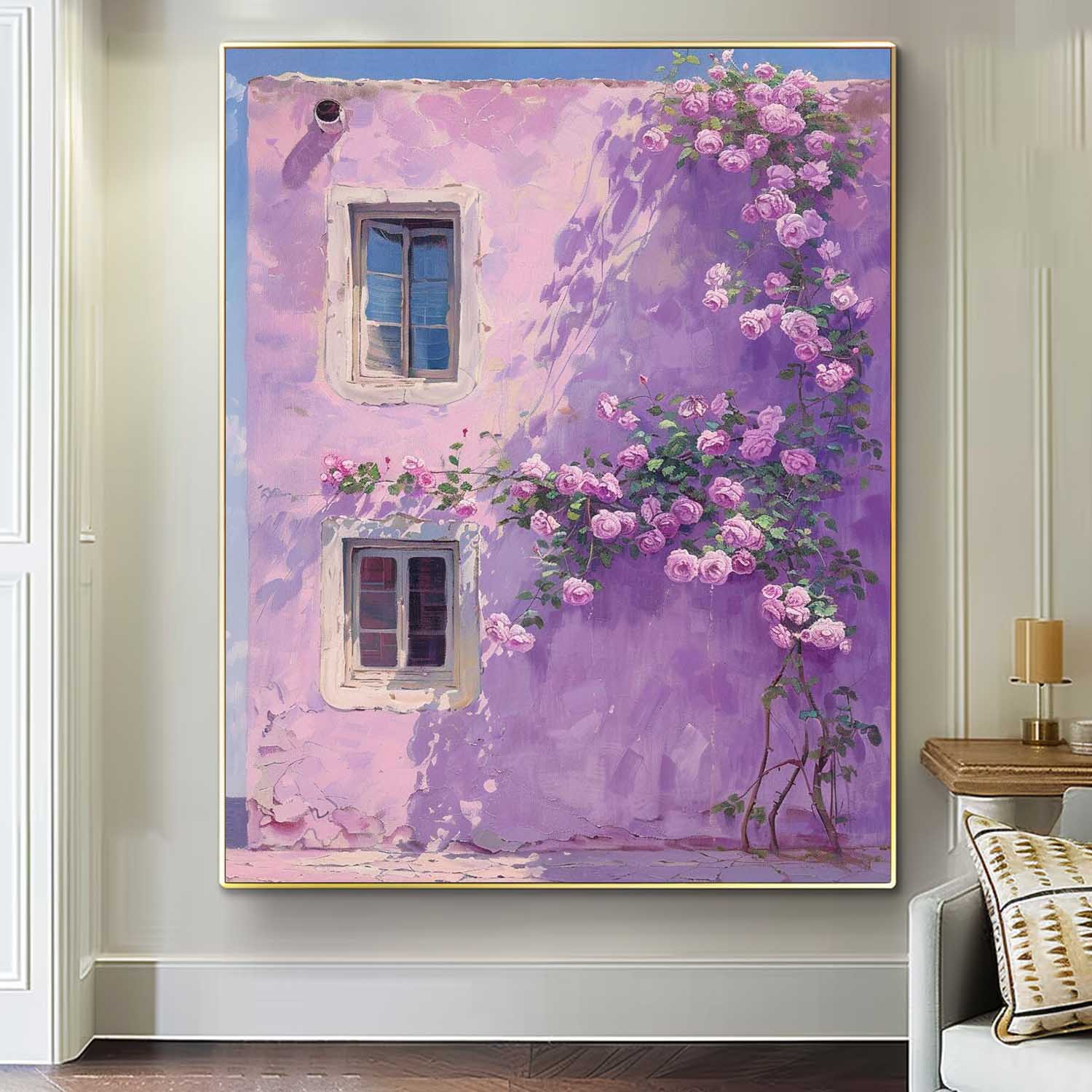 Original Floral Painting Flowers And Purple Building Acrylic Painting Canvas Large Textured Art Home Decor