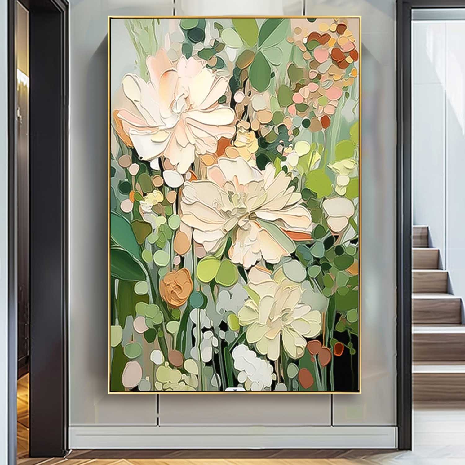 Abstract Flower Oil Painting on Canvas Large Original Minimalist Green Floral Art Custom Painting Boho Wall Decor