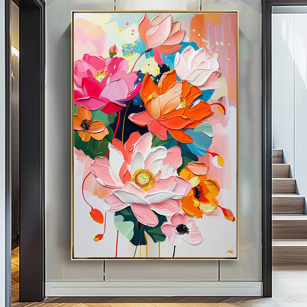Abstract Colorful Lotus Flower Oil Painting on Canvas Big Original Texture Flowers Artwork Framed