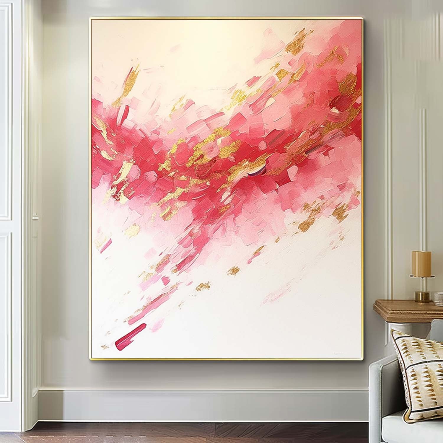 Large Pink Modern Acrylic Painting On Canvas Gold Texture Abstract Oil Painting High Quality Original Artwork
