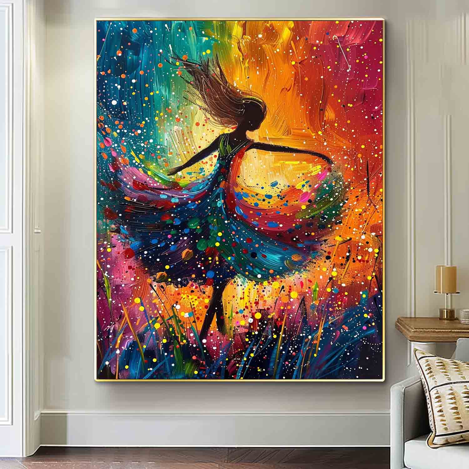 Large Multicolor Portrait Painting Framed Original Exquisite Dancing Girl Wall Art Abstract Colorful Artwork