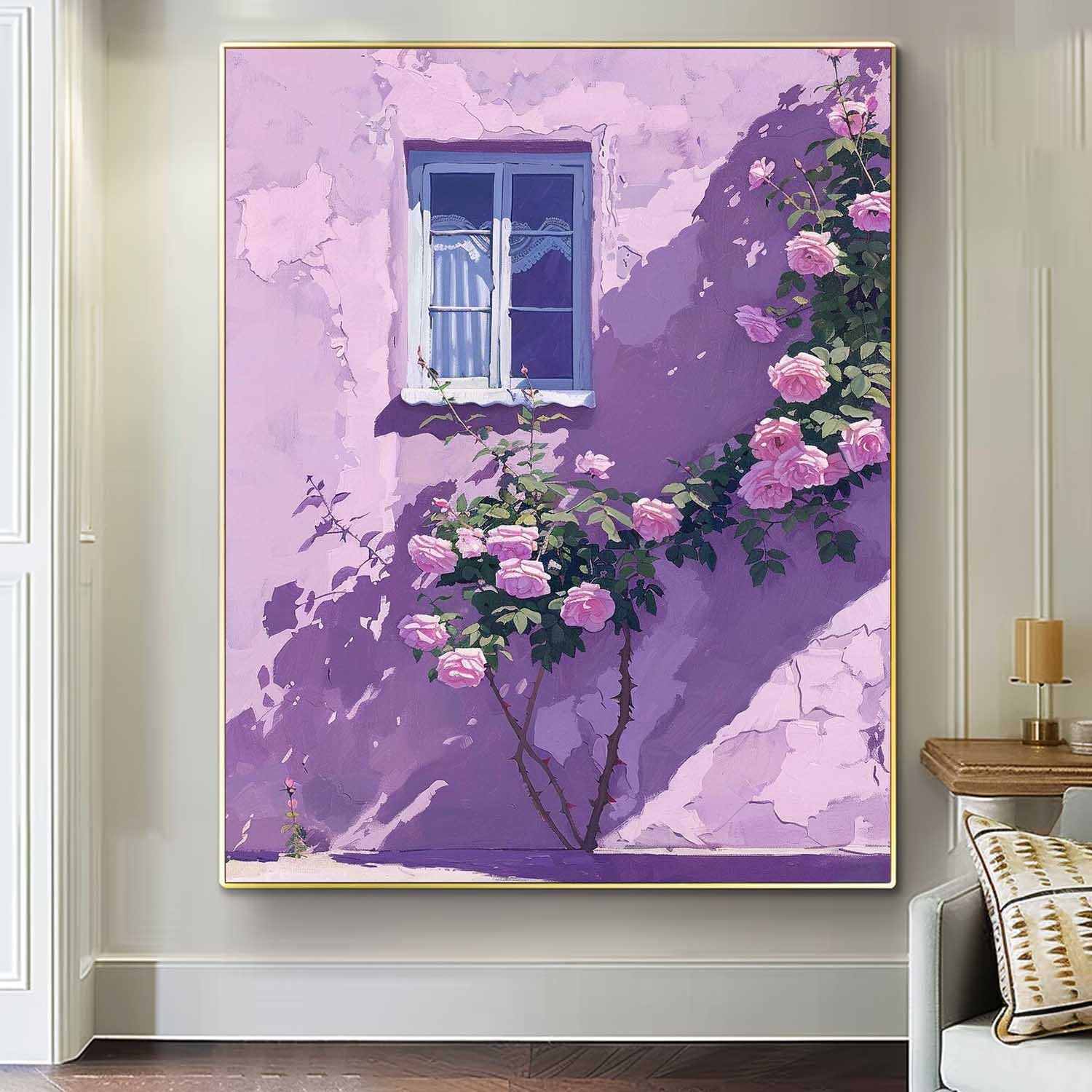 Flowers And Purple Building Acrylic Painting Canvas Large Textured Art Original Floral Painting Home Decor