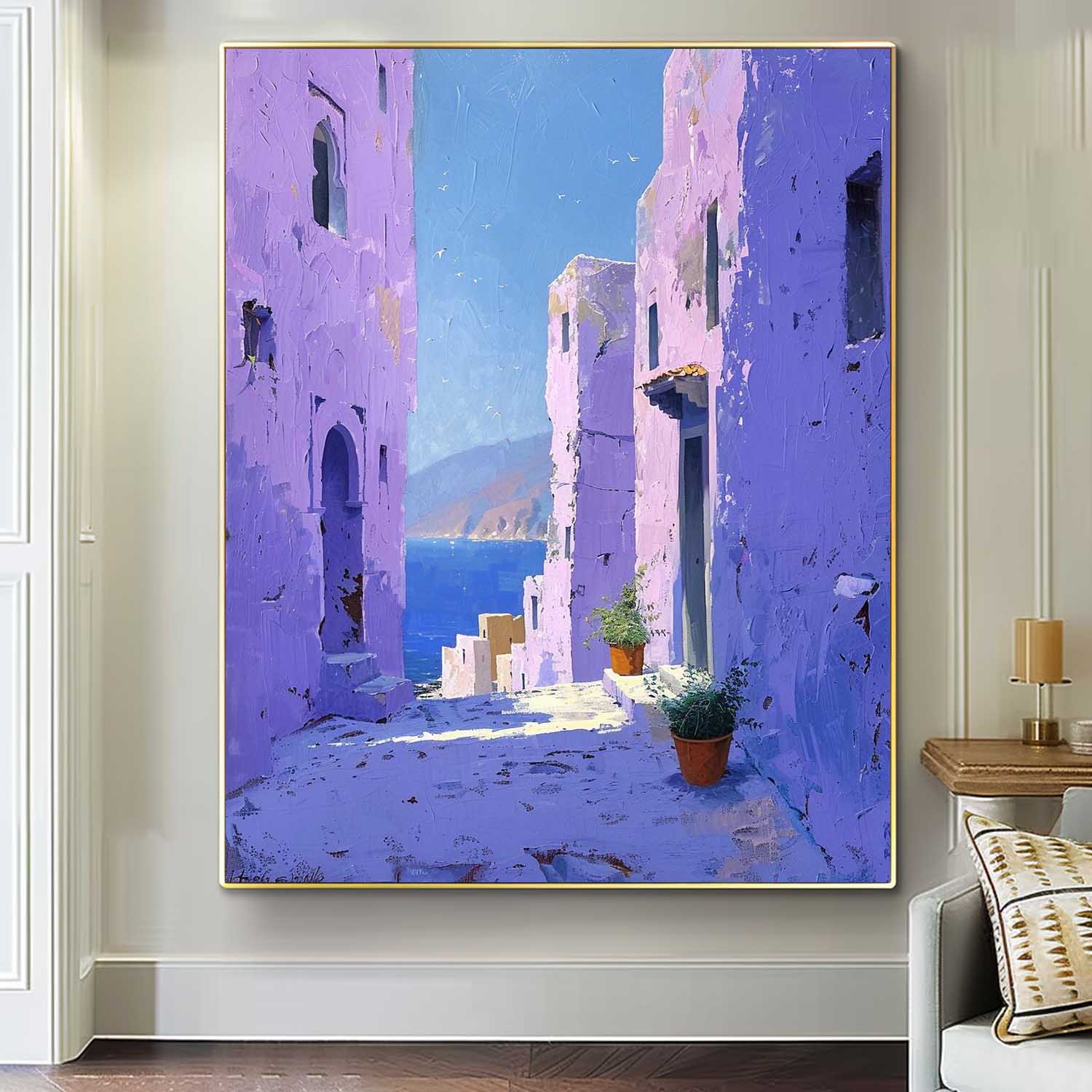 Dreamy Purple Building Large Alley Wall Art Original Modern Oil Painting On Canvas Abstract House Art Home Decor